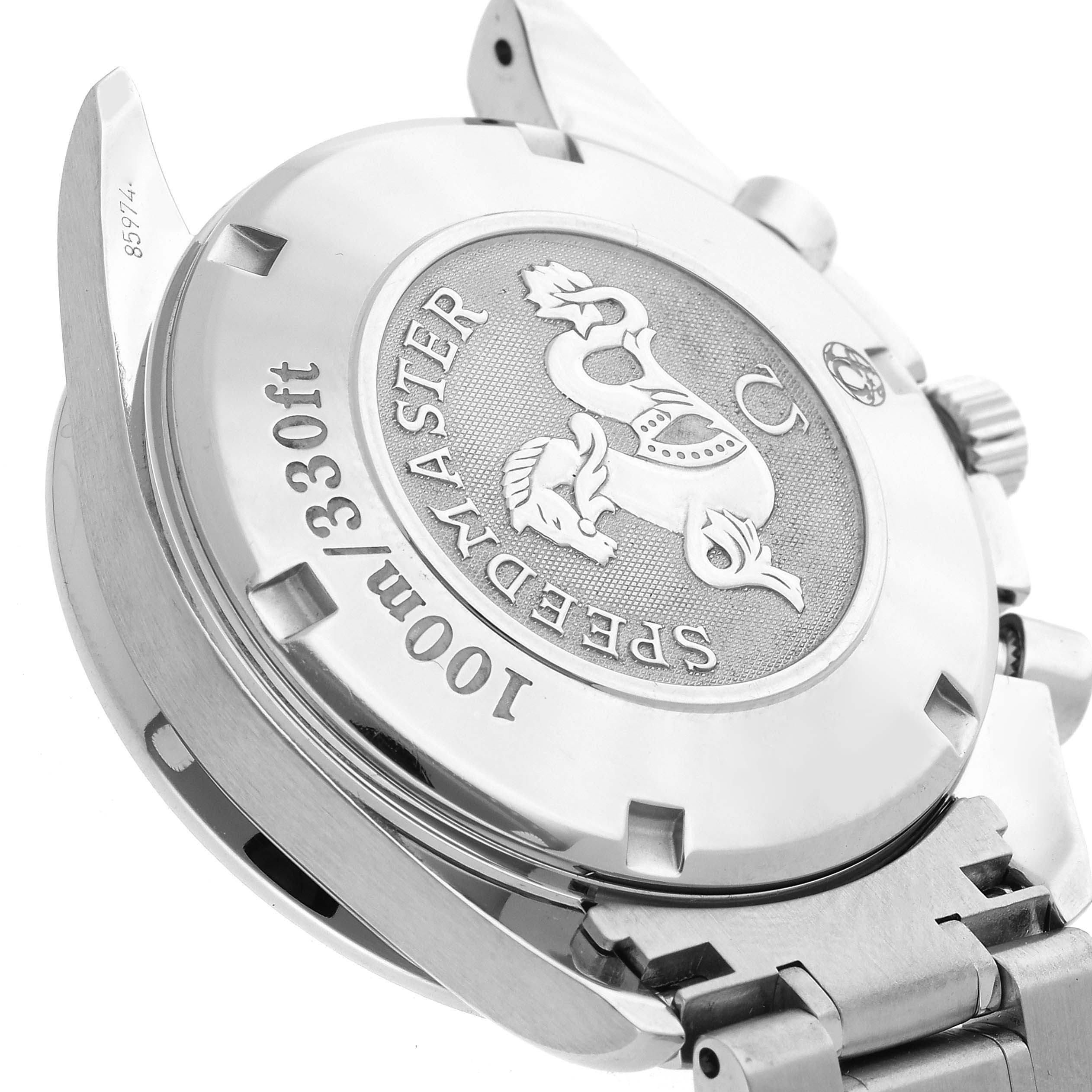 The image shows the back case and bracelet of an Omega Speedmaster 3210.50.00 Men
s Stainless Steel Black Dial 3210.50.00 Men
s Stainless Steel Black Dial, highlighting its engraved design and water resistance marking.