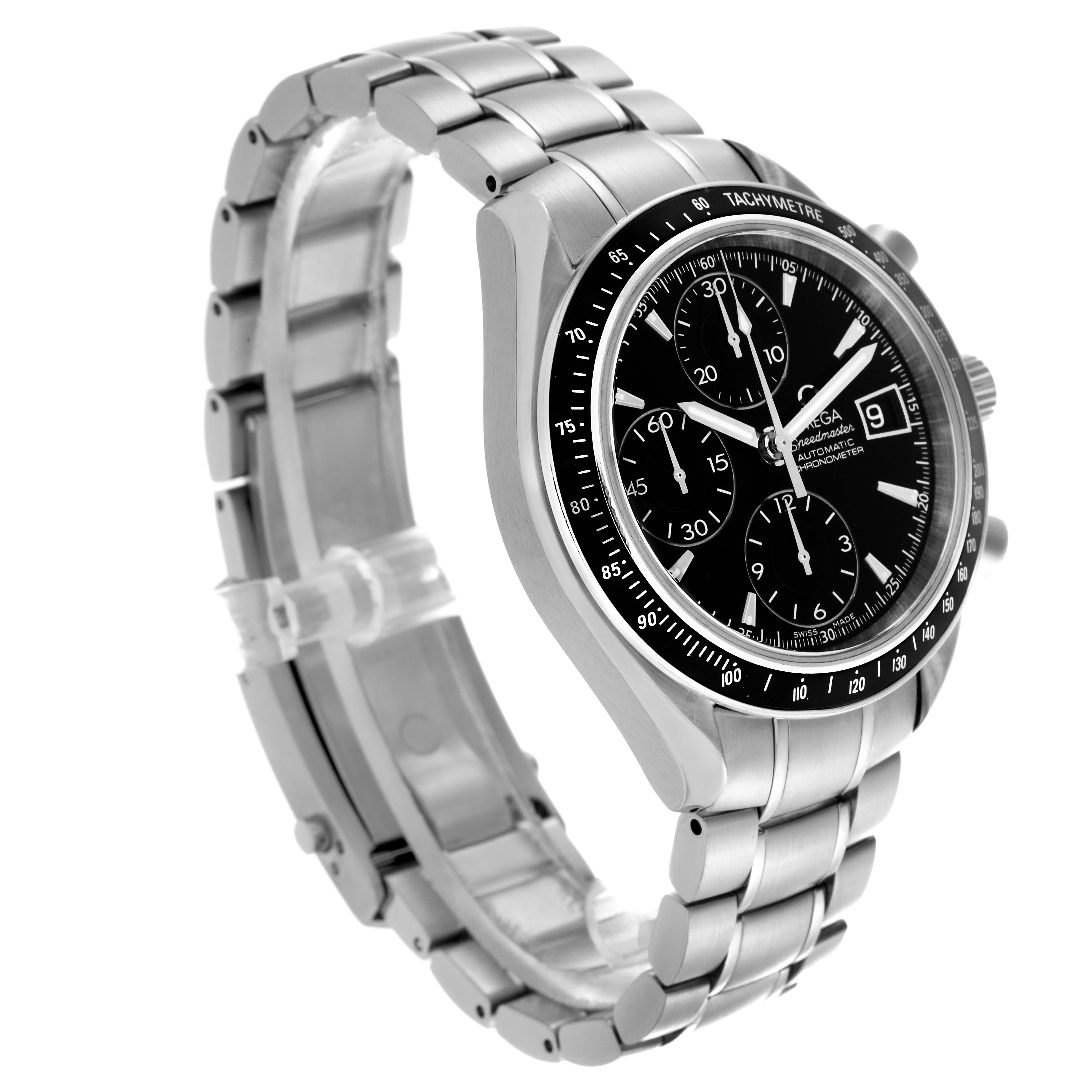 The Omega Speedmaster 3210.50.00 Men
s Stainless Steel Black Dial 3210.50.00 Men
s Stainless Steel Black Dial watch is shown at a three-quarter angle, displaying the dial, bezel, case, and part of the metal bracelet.