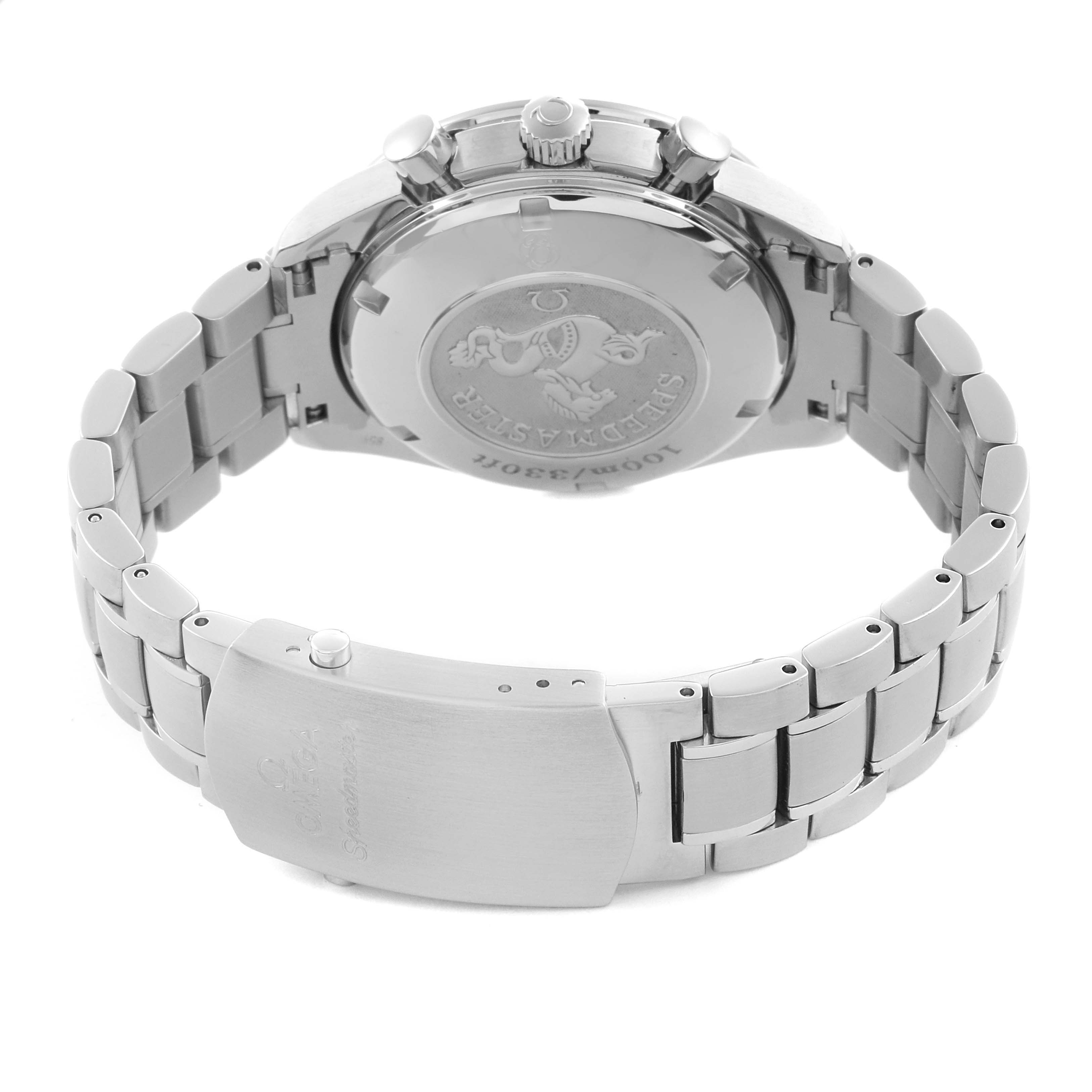 The Omega Speedmaster 3210.50.00 Men
s Stainless Steel Black Dial 3210.50.00 Men
s Stainless Steel Black Dial watch is shown from the back, highlighting the clasp, bracelet, and case back.