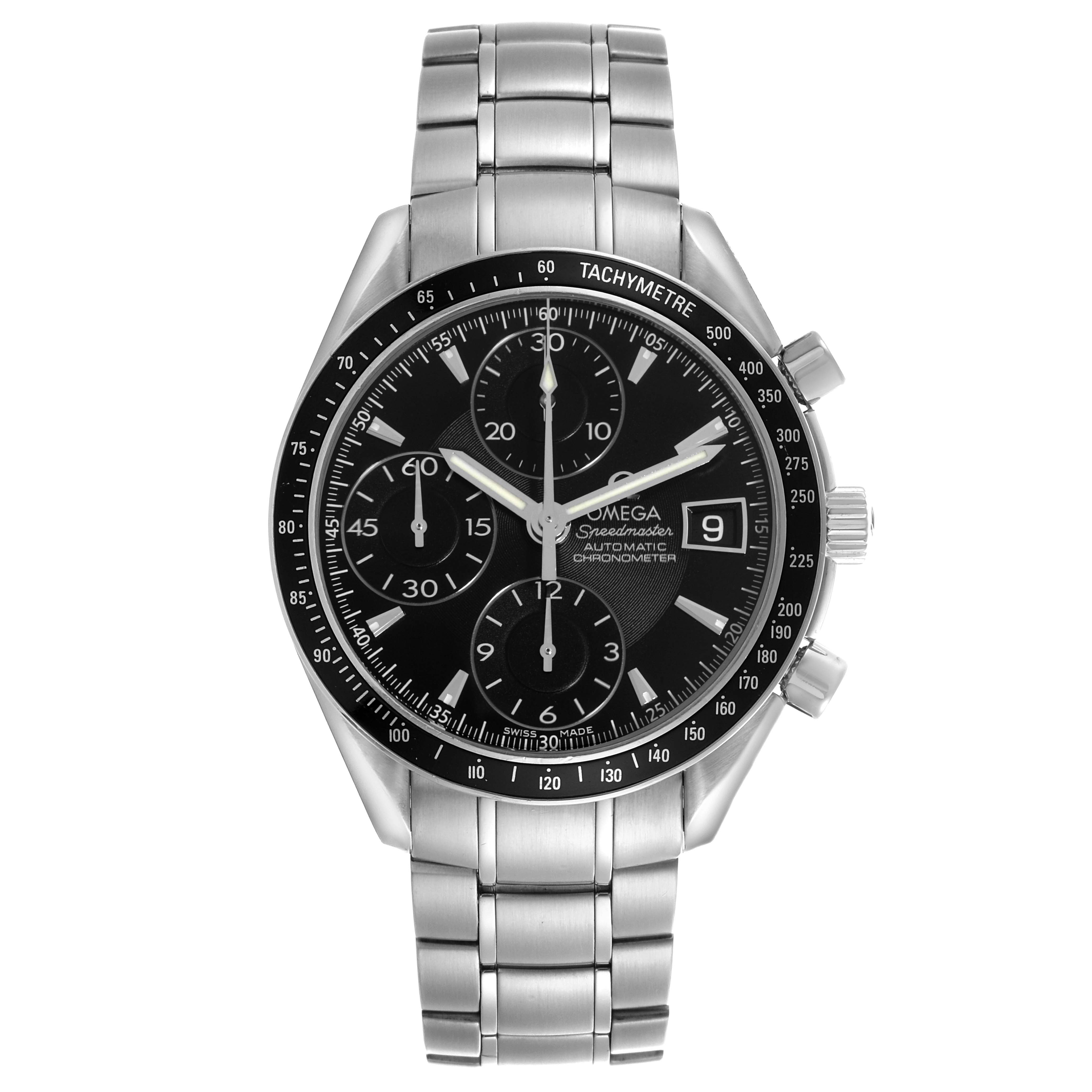 The Omega Speedmaster 3210.50.00 Men
s Stainless Steel Black Dial 3210.50.00 Men
s Stainless Steel Black Dial watch is shown from the front, displaying its dial, bezel, and bracelet.