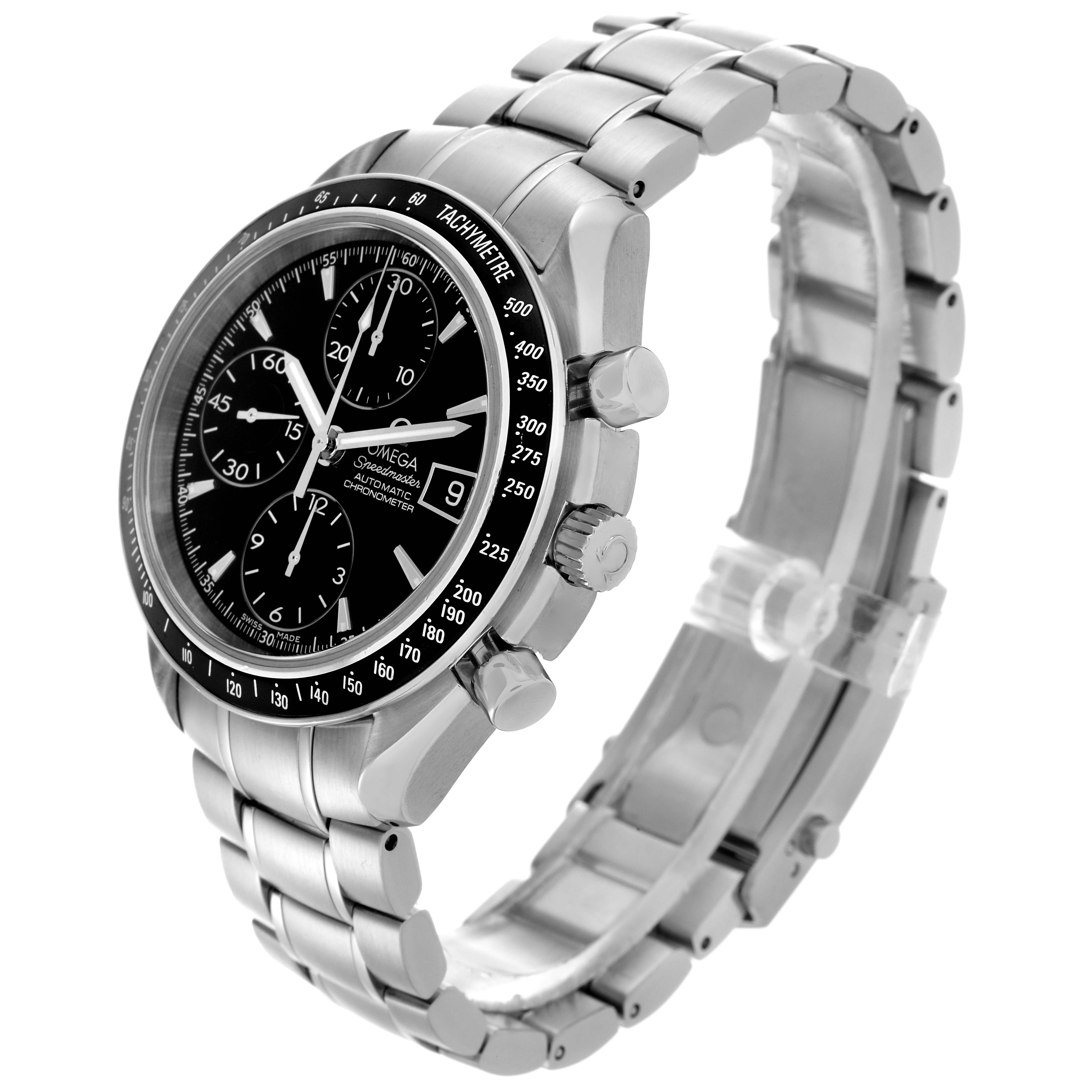 The Omega Speedmaster 3210.50.00 Men
s Stainless Steel Black Dial 3210.50.00 Men
s Stainless Steel Black Dial watch is shown from a three-quarter angle, displaying the face, bezel, crown, and part of the bracelet.