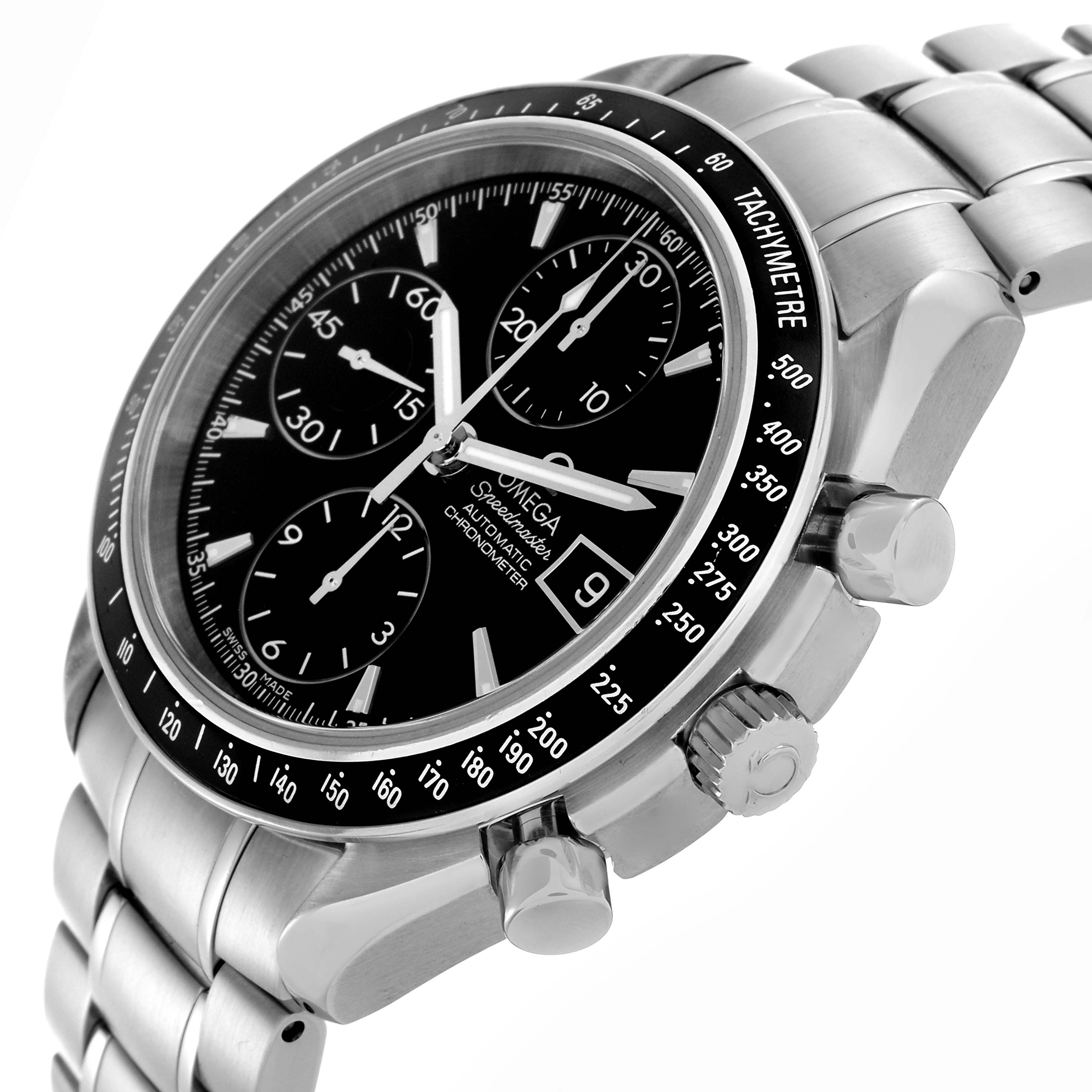 The Omega Speedmaster 3210.50.00 Men
s Stainless Steel Black Dial 3210.50.00 Men
s Stainless Steel Black Dial watch is shown from a side angle, highlighting the bezel, dial, crown, pushers, and metal bracelet.
