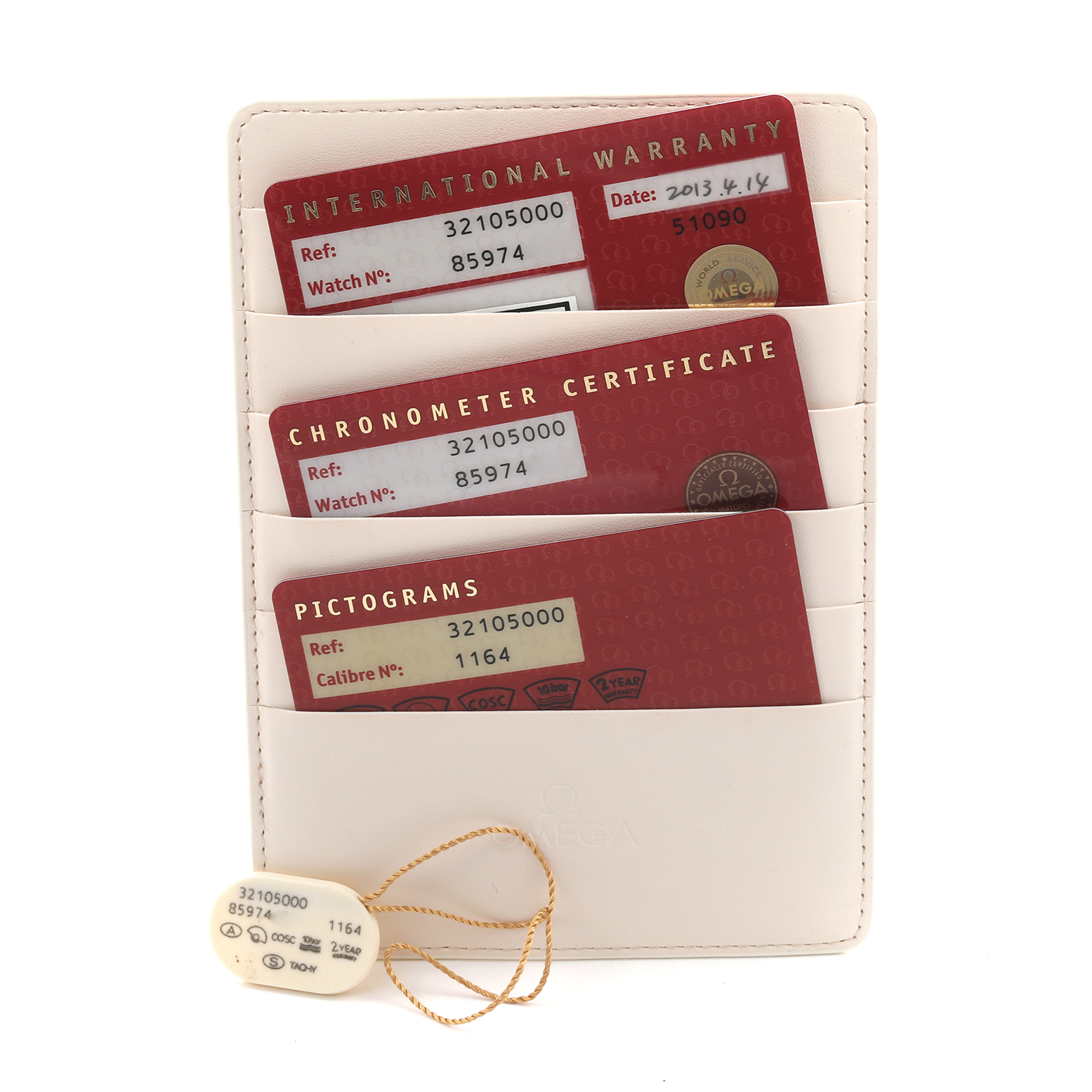 The image shows Omega Speedmaster 3210.50.00 Men
s Stainless Steel Black Dial 3210.50.00 Men
s Stainless Steel Black Dial watch accessories, including an international warranty, chronometer certificate, and pictogram card.