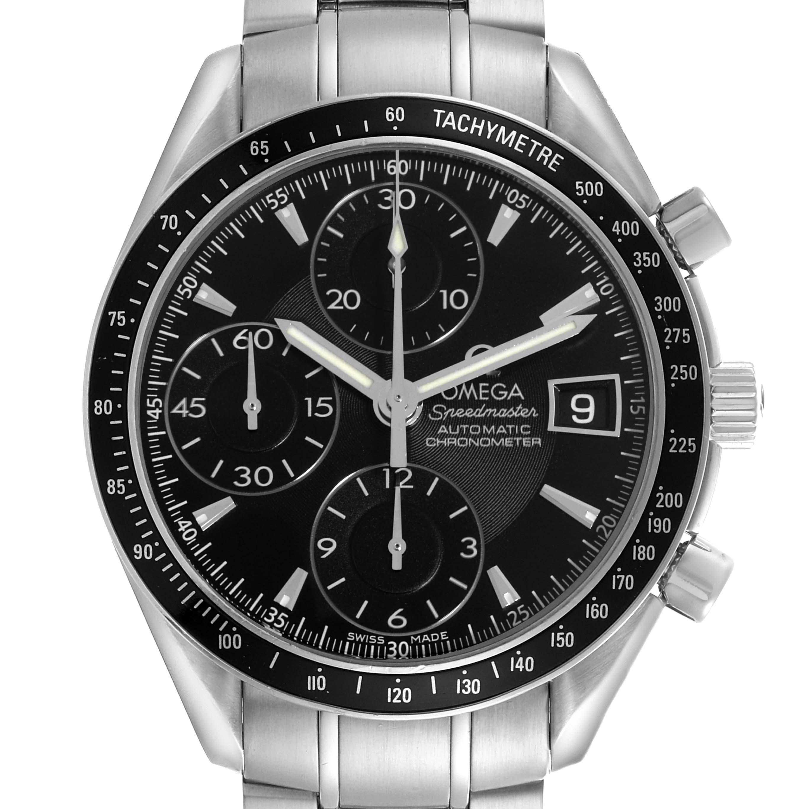 The Omega Speedmaster 3210.50.00 Men
s Stainless Steel Black Dial 3210.50.00 Men
s Stainless Steel Black Dial watch is shown from a front angle, displaying the face, bezel, chronograph dials, and part of the metal bracelet.