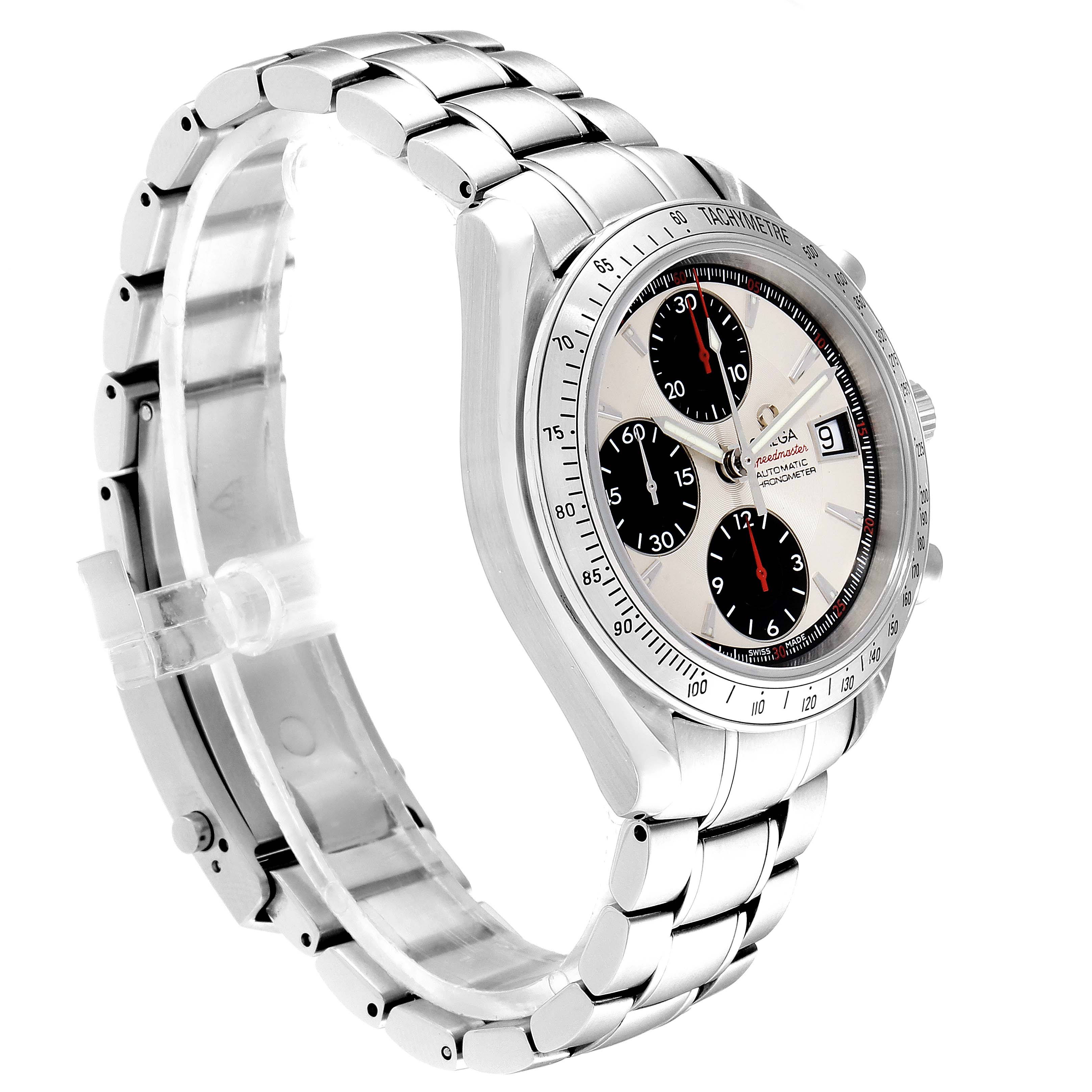 The image shows an Omega Speedmaster 3211.31.00 Men's Stainless Steel Silver Dial 3211.31.00 Men's Stainless Steel Silver Dial watch from a three-quarter angle, highlighting the face, bezel, and stainless steel bracelet.