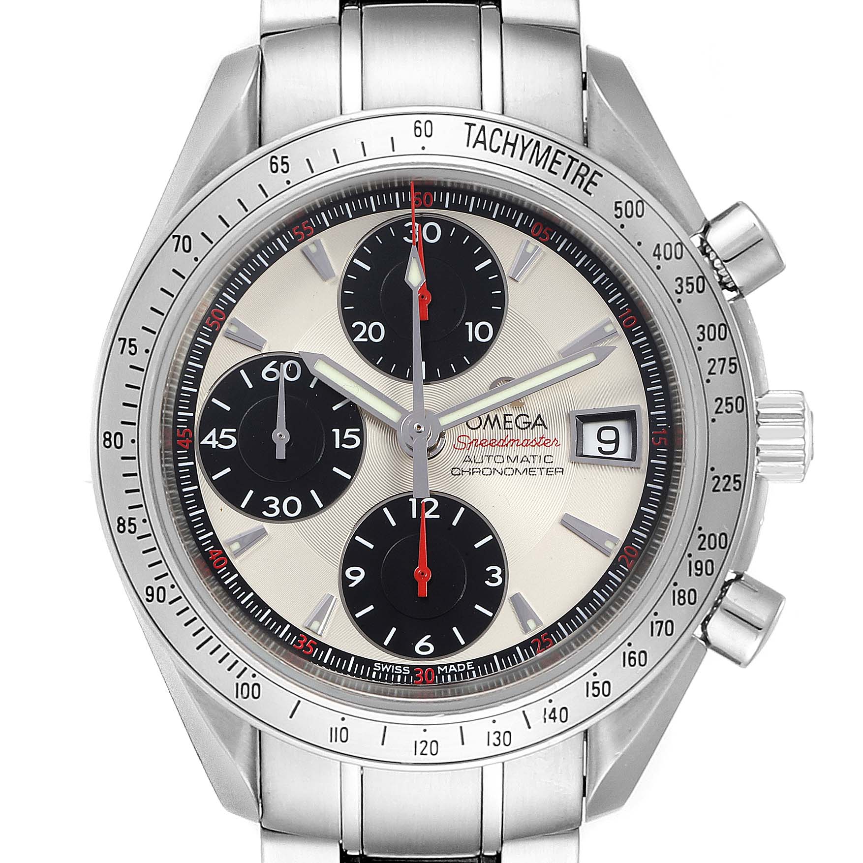 This is an Omega Speedmaster 3211.31.00 Men's Stainless Steel Silver Dial 3211.31.00 Men's Stainless Steel Silver Dial watch showing a close-up view of the dial, bezel, and metal bracelet.