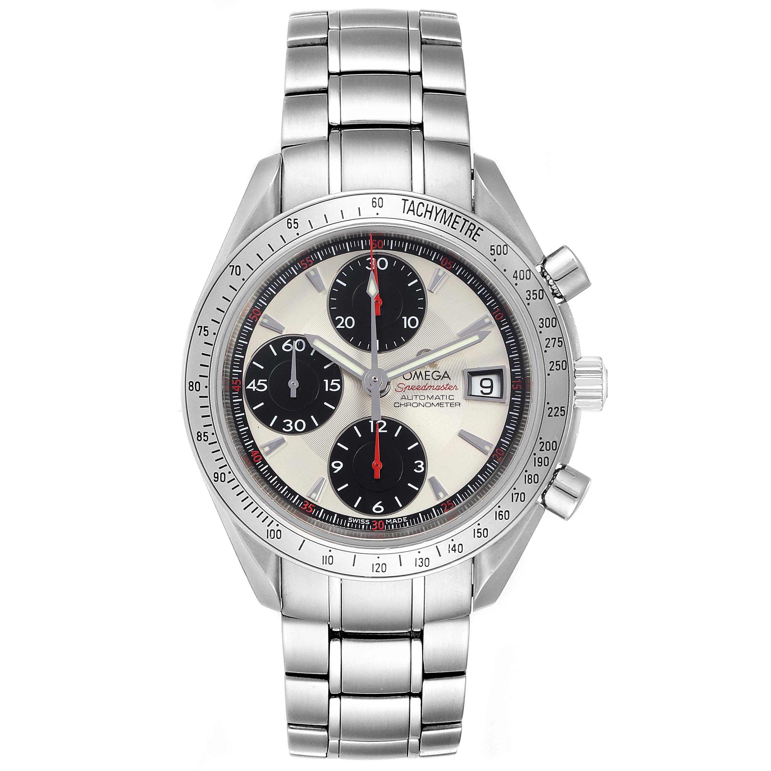 The image shows a front view of the Omega Speedmaster 3211.31.00 Men's Stainless Steel Silver Dial 3211.31.00 Men's Stainless Steel Silver Dial watch, highlighting its dial, chronograph subdials, bracelet, and tachymeter bezel.
