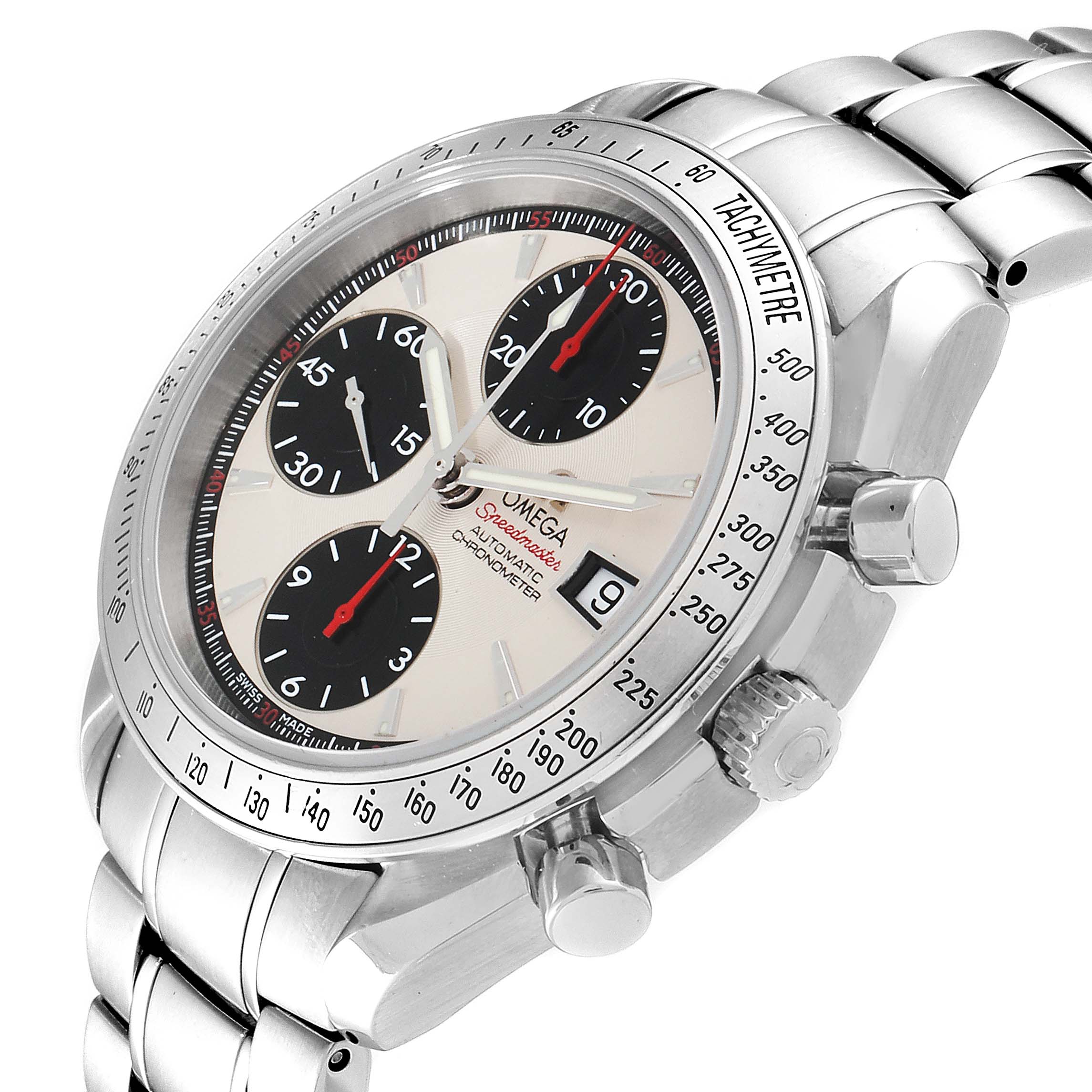 The image shows the Omega Speedmaster 3211.31.00 Men's Stainless Steel Silver Dial 3211.31.00 Men's Stainless Steel Silver Dial watch at a slight side angle, highlighting its face, chronograph subdials, bezel, and stainless steel band.