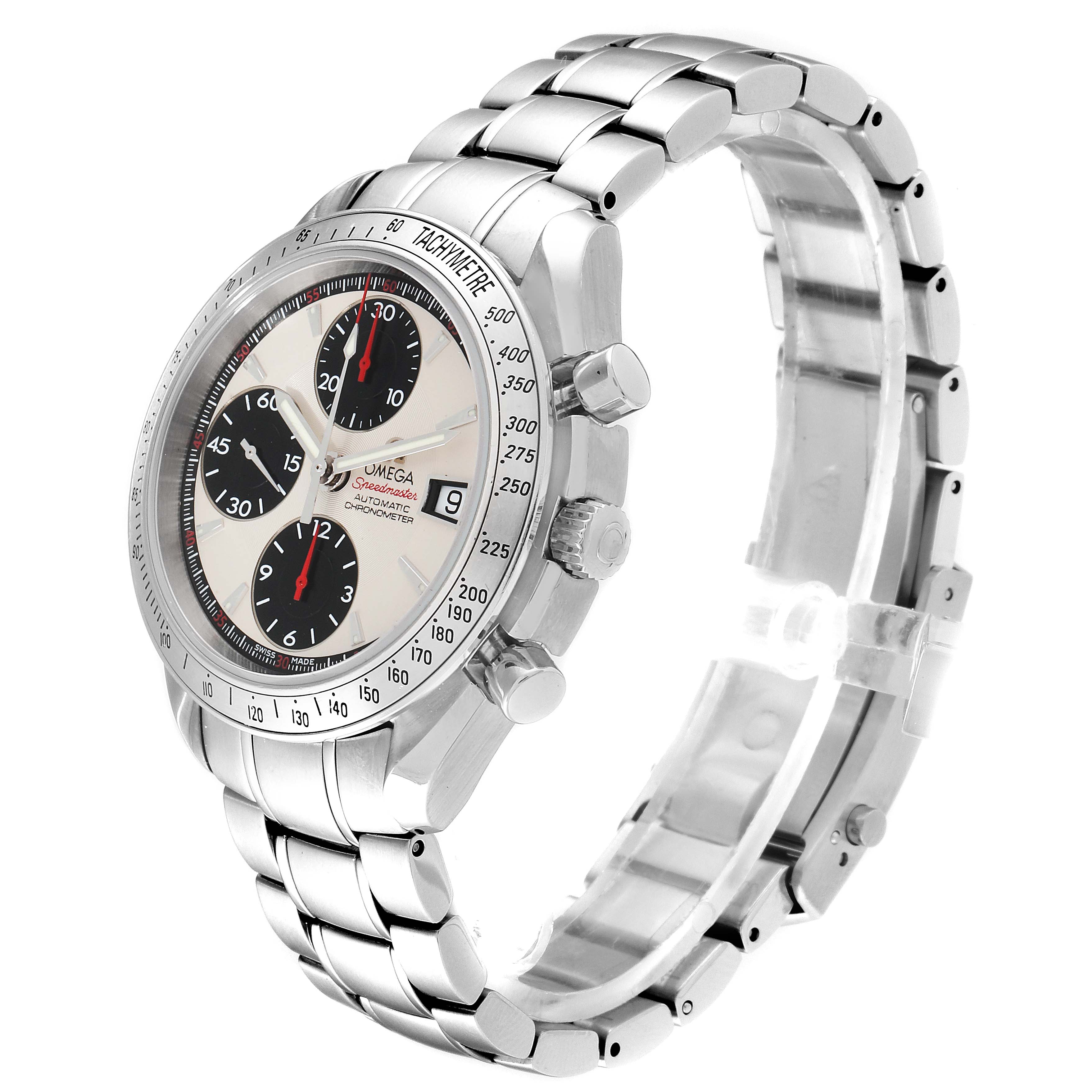 The image shows an Omega Speedmaster 3211.31.00 Men's Stainless Steel Silver Dial 3211.31.00 Men's Stainless Steel Silver Dial watch at a three-quarter angle, highlighting the face, bezel, pushers, and bracelet.