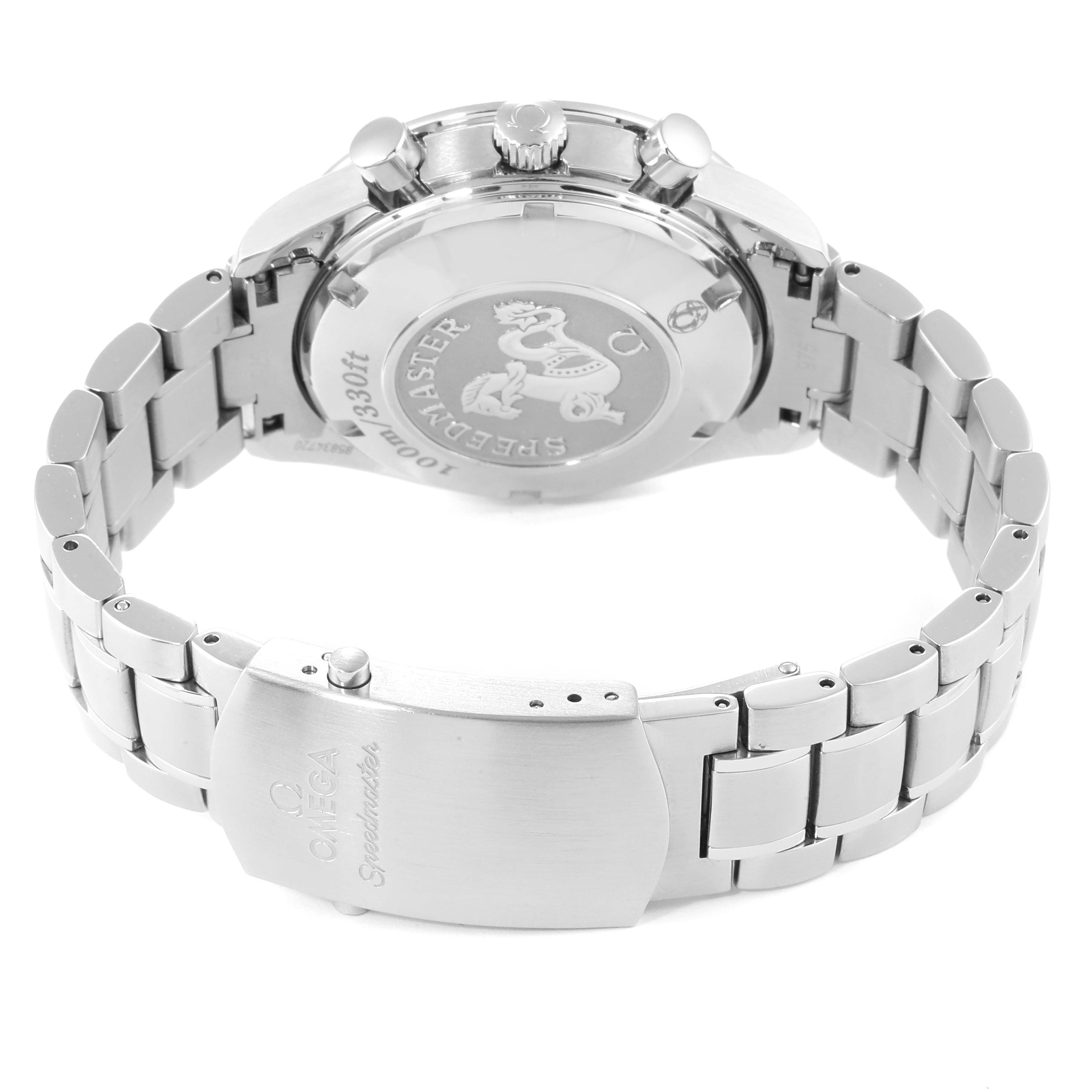 The image shows the back case, pushers, and clasp of an Omega Speedmaster 3211.31.00 Men's Stainless Steel Silver Dial 3211.31.00 Men's Stainless Steel Silver Dial watch viewed from the rear angle.