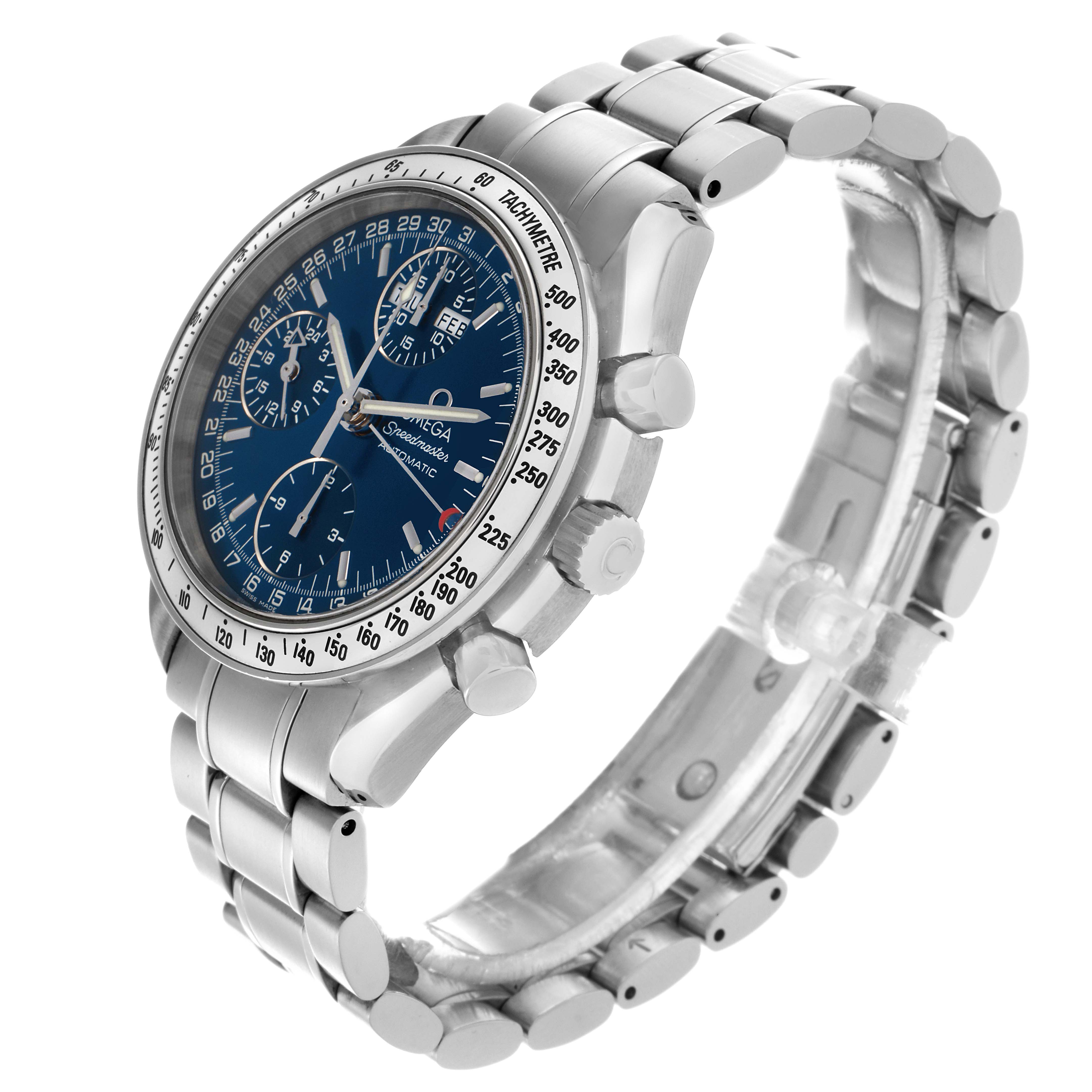 The Omega Speedmaster 3523.80.00 Men's Stainless Steel Blue Dial 3523.80.00 Men's Stainless Steel Blue Dial watch is shown at a three-quarter angled view, displaying the blue dial, tachymeter bezel, and stainless steel bracelet.