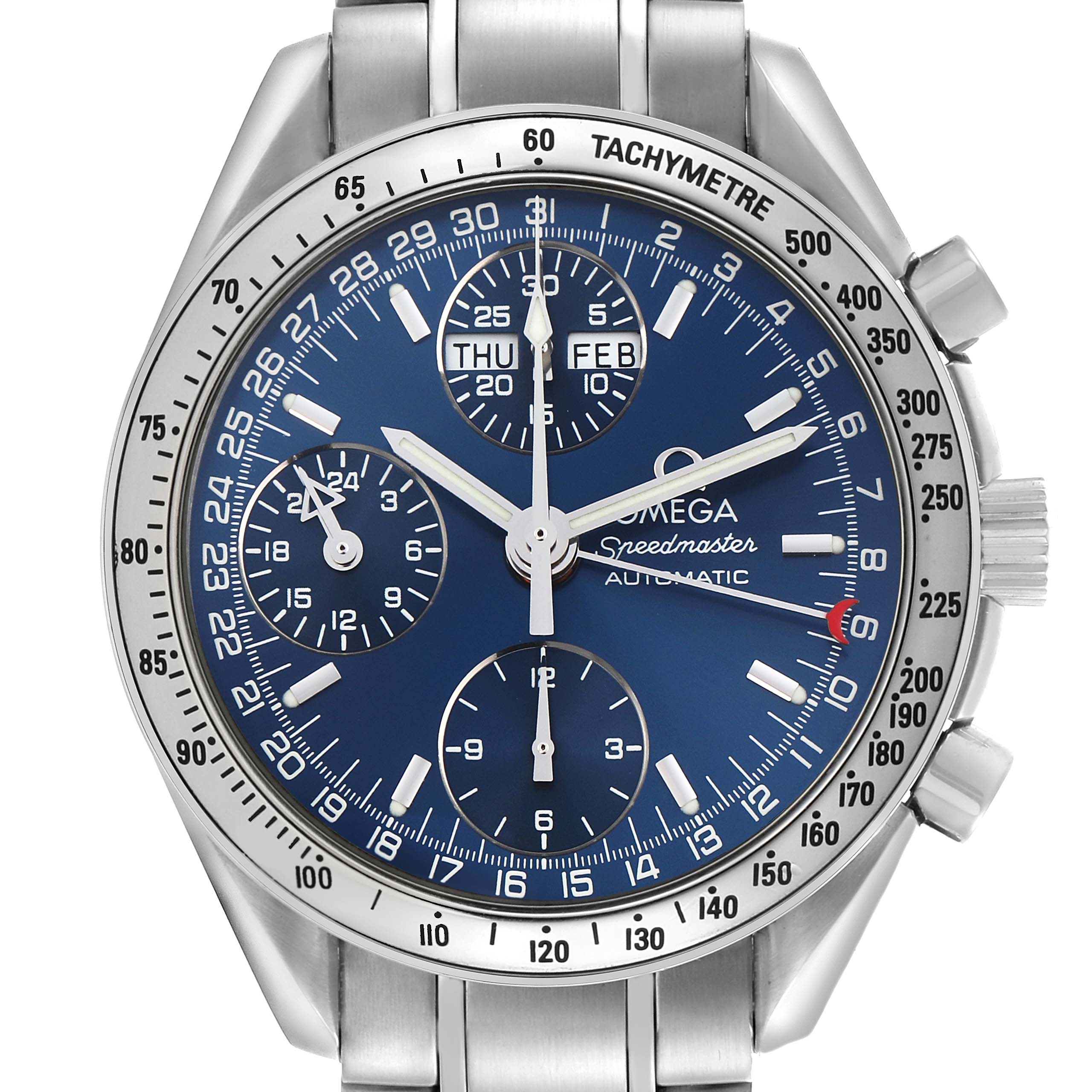 The Omega Speedmaster 3523.80.00 Men's Stainless Steel Blue Dial 3523.80.00 Men's Stainless Steel Blue Dial watch is shown from a front angle, displaying its blue dial, subdials, tachymeter bezel, and metal bracelet.