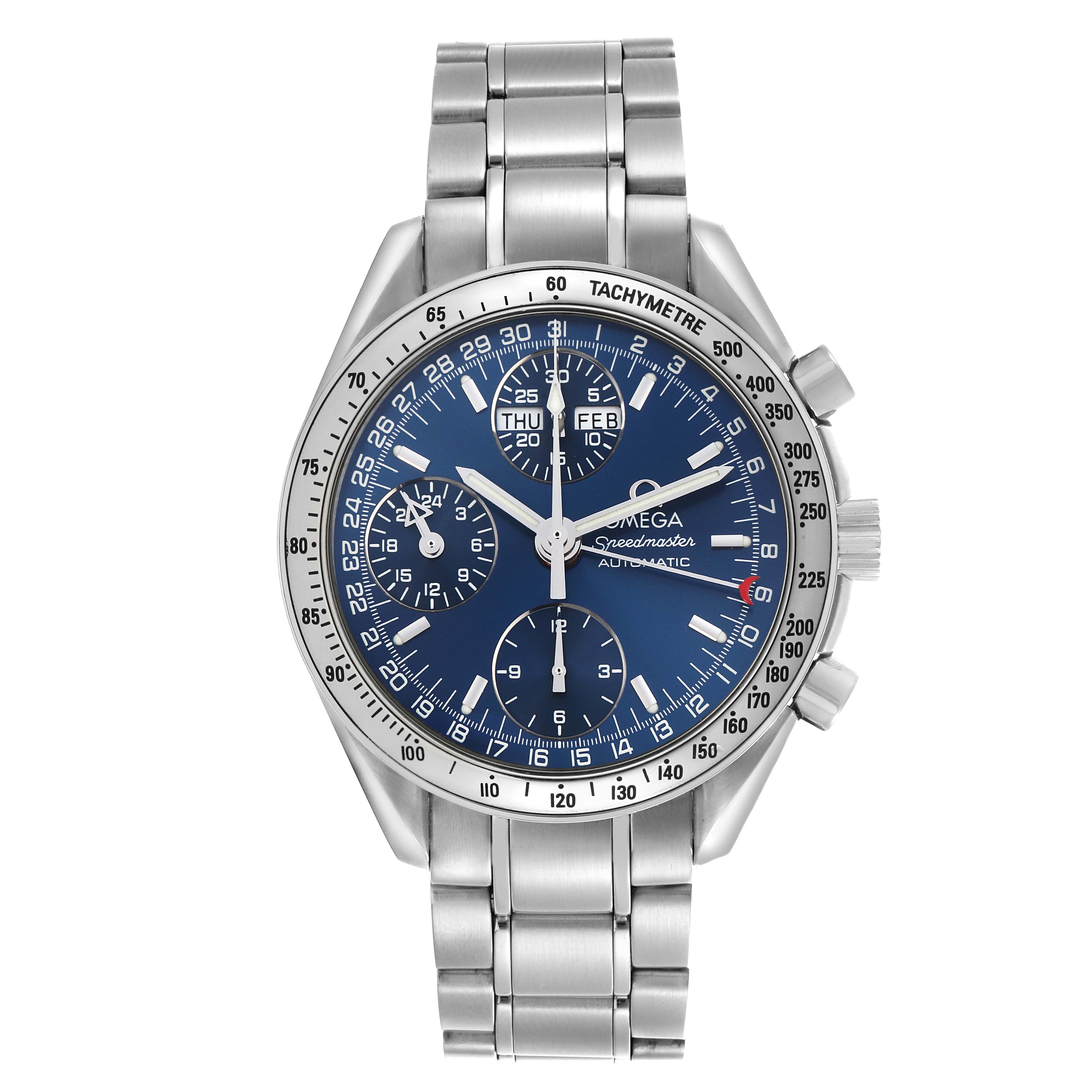 The Omega Speedmaster 3523.80.00 Men's Stainless Steel Blue Dial 3523.80.00 Men's Stainless Steel Blue Dial watch is shown from the front, displaying the dial, tachymeter bezel, and stainless steel bracelet.