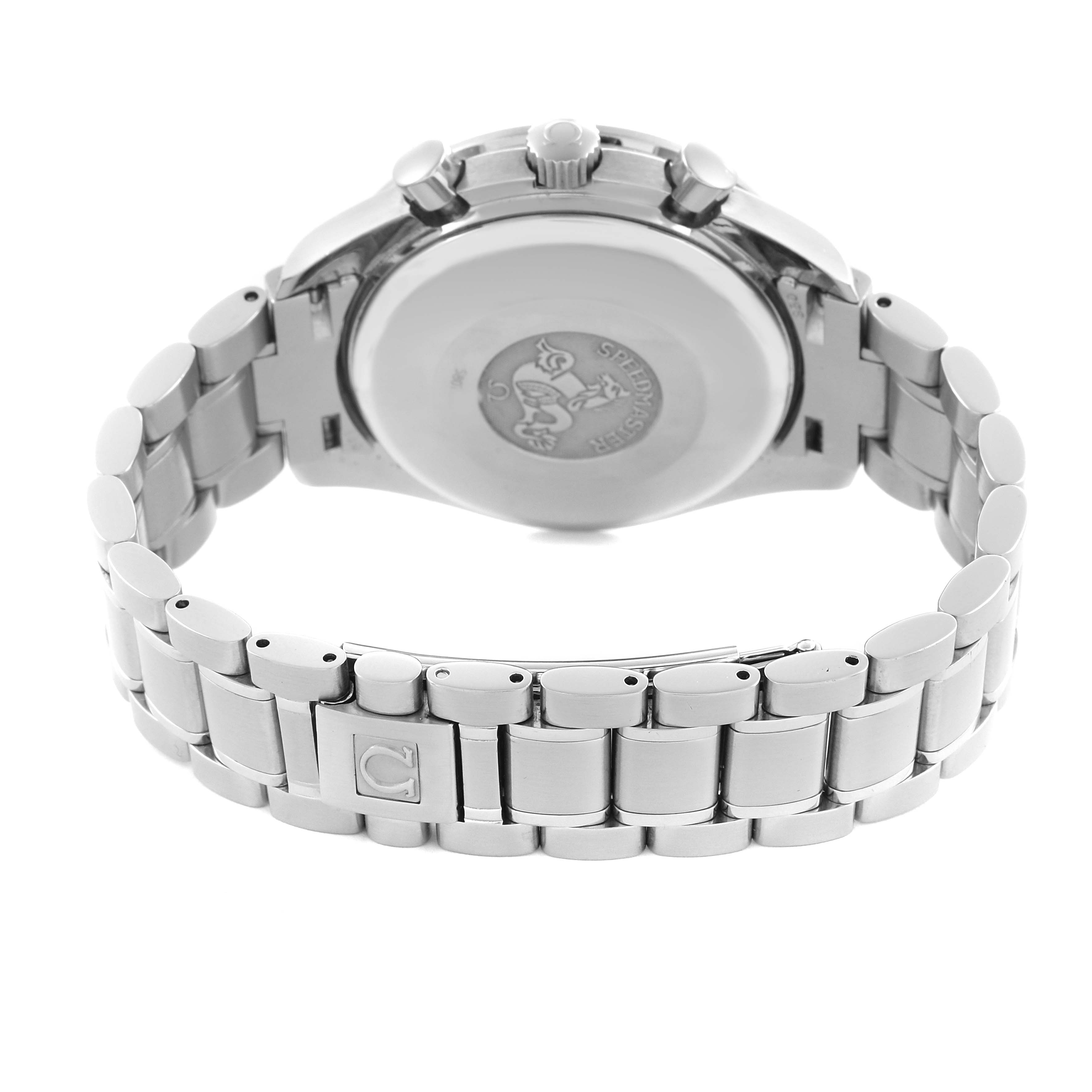 The image shows the back and side of an Omega Speedmaster 3523.80.00 Men's Stainless Steel Blue Dial 3523.80.00 Men's Stainless Steel Blue Dial, highlighting the case back, bracelet, crown, and pushers.