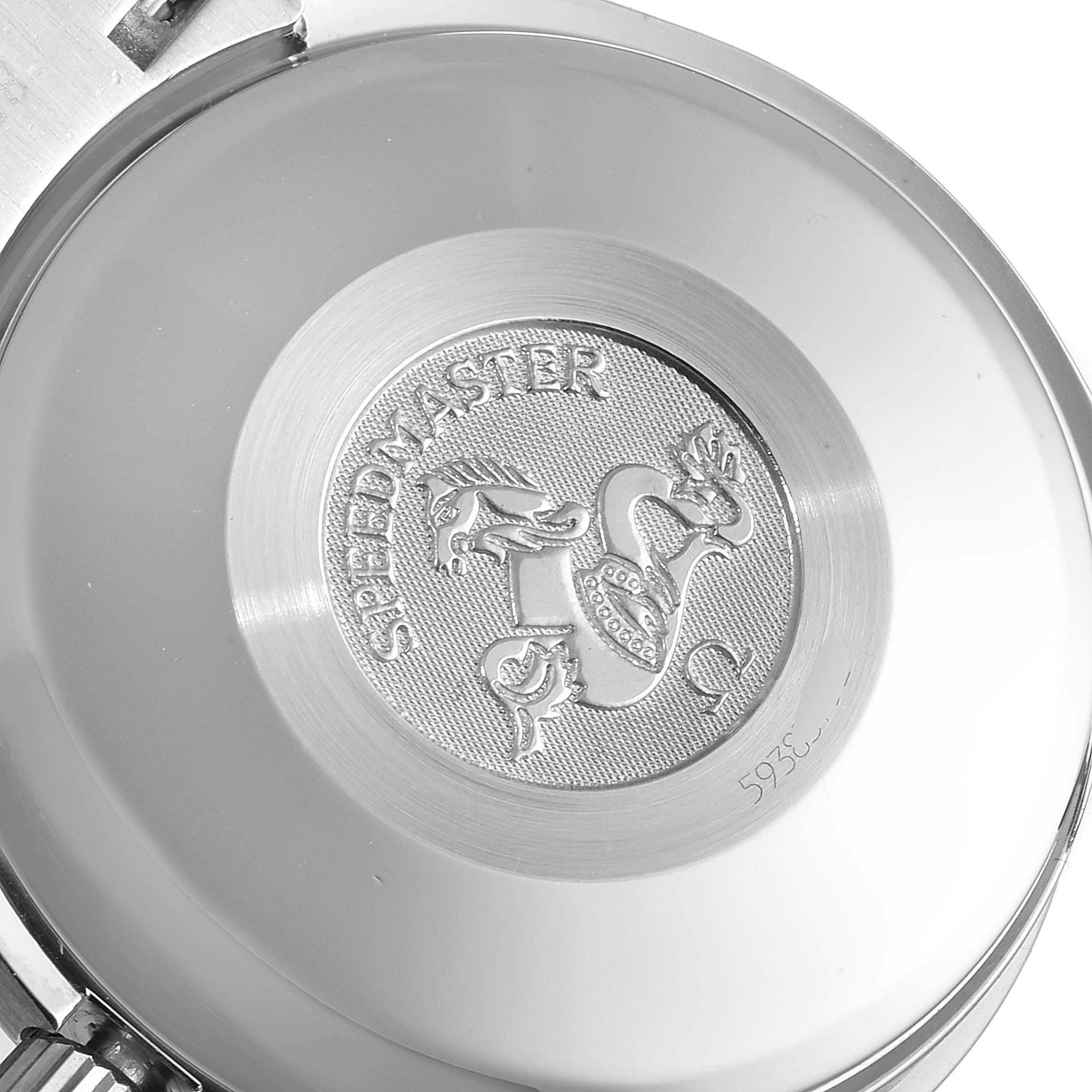 The image shows the engraved case back of an Omega Speedmaster 3520.50.00 Men
s Stainless Steel Black Dial 3520.50.00 Men
s Stainless Steel Black Dial watch, featuring the Speedmaster logo and an emblem.