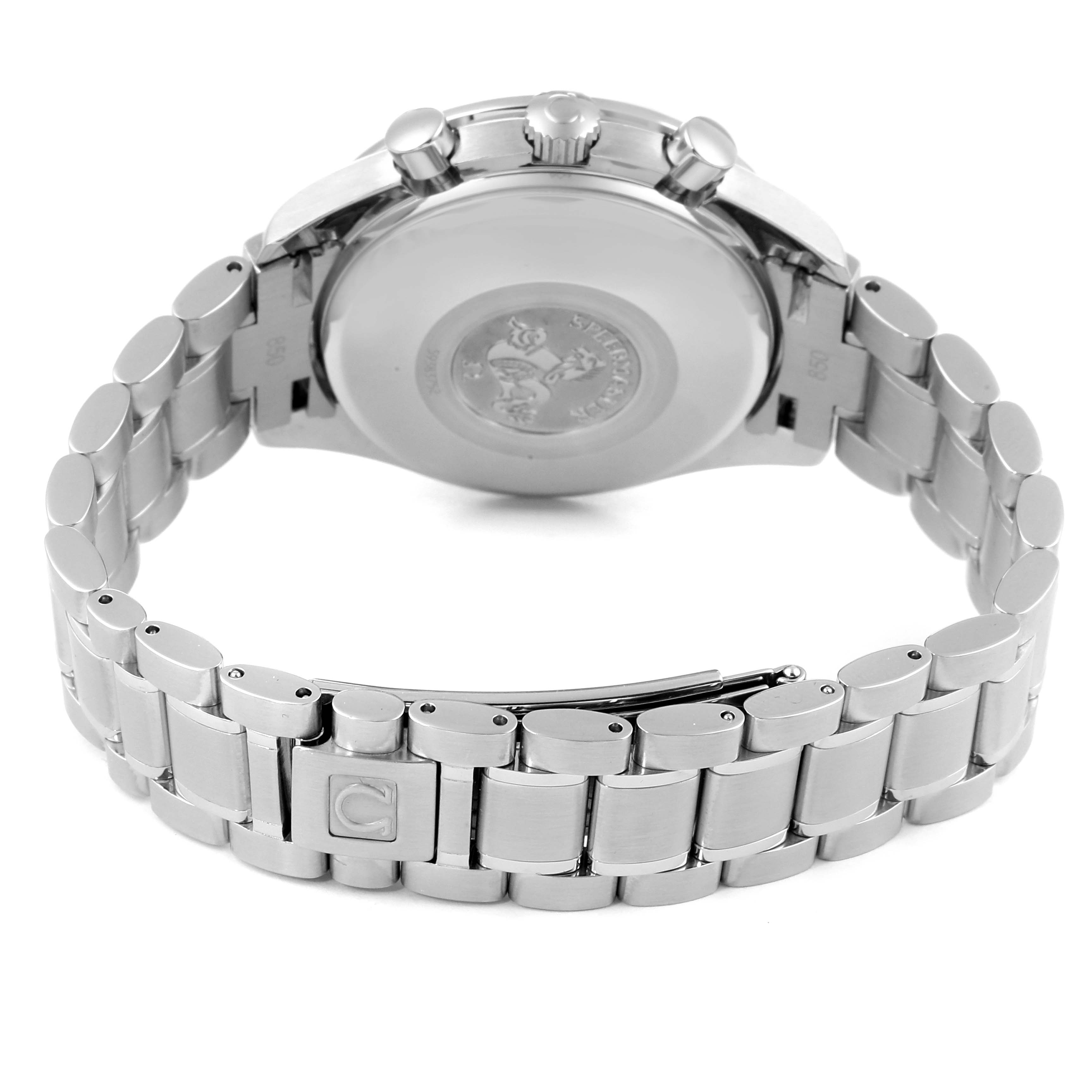 The image shows the back case and stainless steel bracelet of an Omega Speedmaster 3520.50.00 Men
s Stainless Steel Black Dial 3520.50.00 Men
s Stainless Steel Black Dial watch from a rear angle.