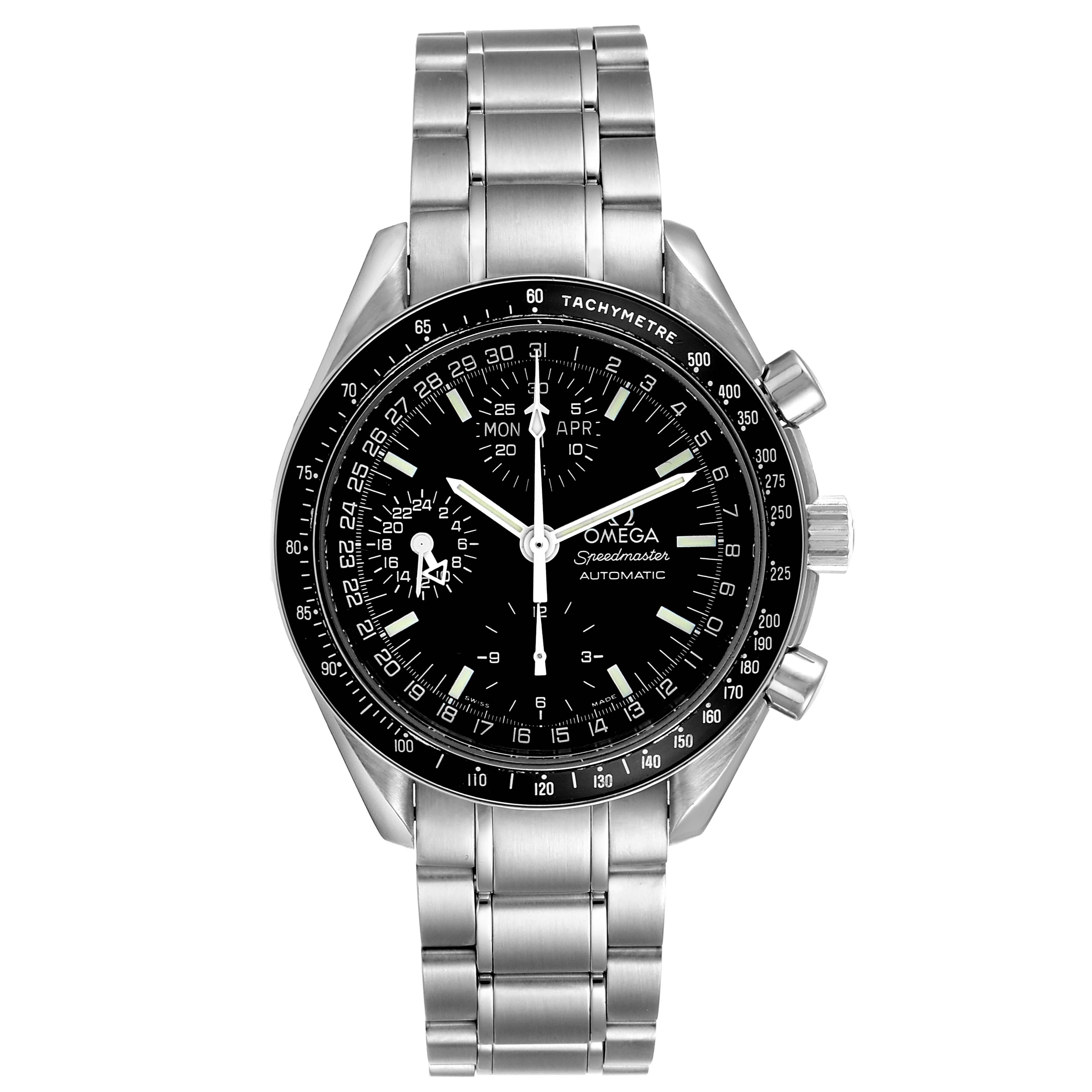 The image shows a frontal view of an Omega Speedmaster 3520.50.00 Men
s Stainless Steel Black Dial 3520.50.00 Men
s Stainless Steel Black Dial, highlighting the watch face, bezel, and bracelet.