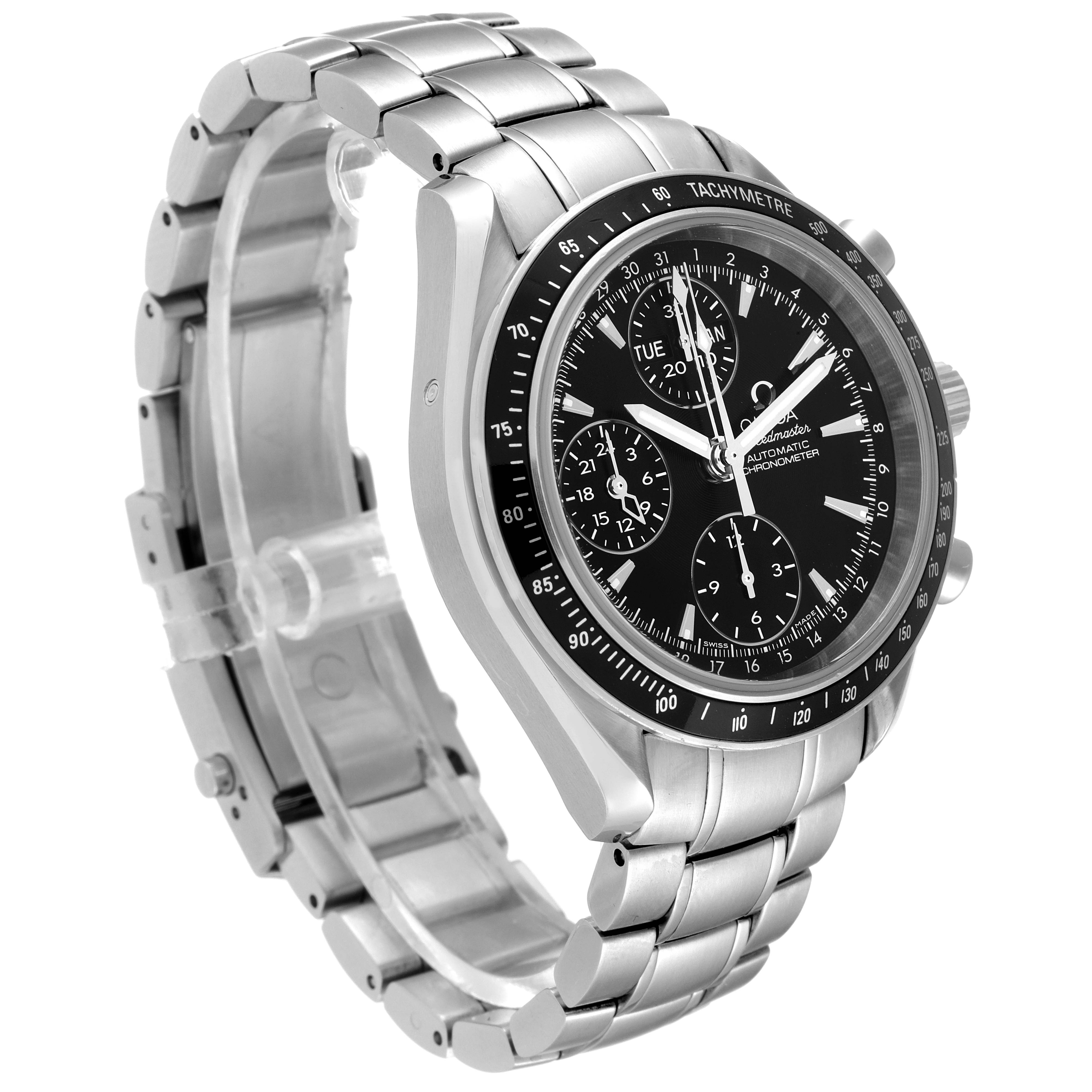 The image shows an Omega Speedmaster 3220.50.00 Men
s Stainless Steel Black Dial 3220.50.00 Men
s Stainless Steel Black Dial watch at a three-quarter angle, highlighting the face, bezel, and bracelet.