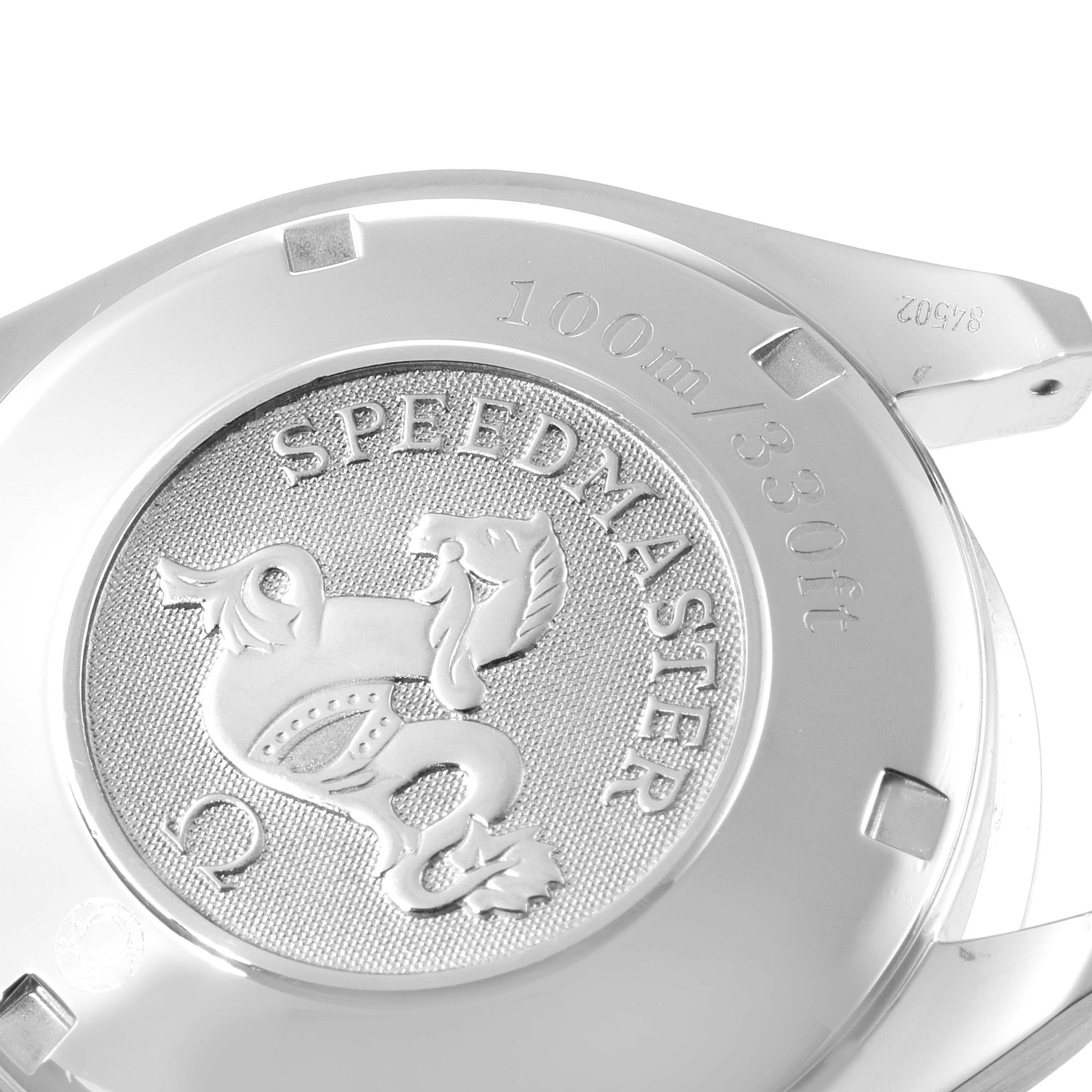 This image shows the back case of an Omega Speedmaster 3220.50.00 Men
s Stainless Steel Black Dial 3220.50.00 Men
s Stainless Steel Black Dial watch, featuring the model
s emblem and depth rating.