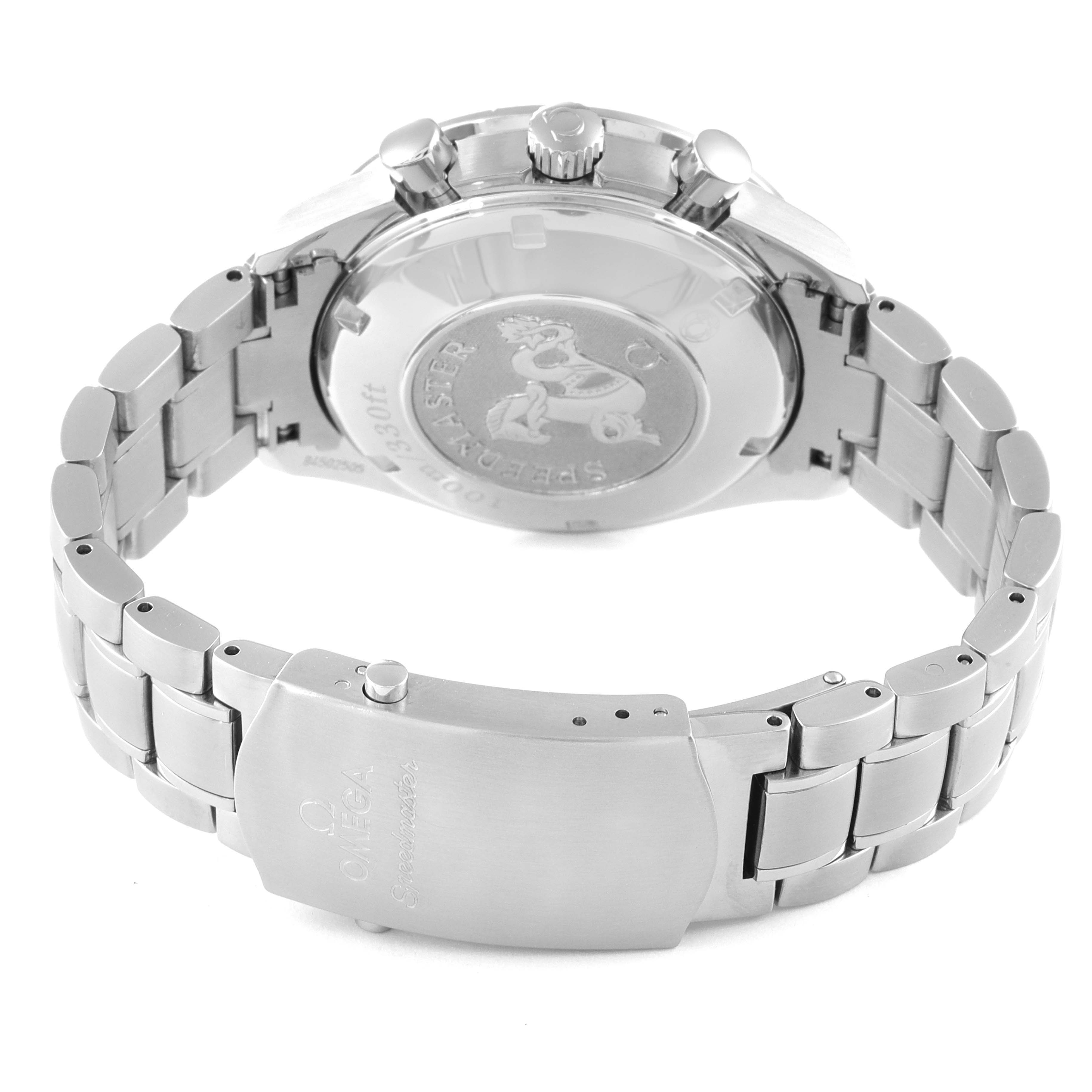This image shows the back, clasp, and bracelet of an Omega Speedmaster 3220.50.00 Men
s Stainless Steel Black Dial 3220.50.00 Men
s Stainless Steel Black Dial watch from a rear angle.