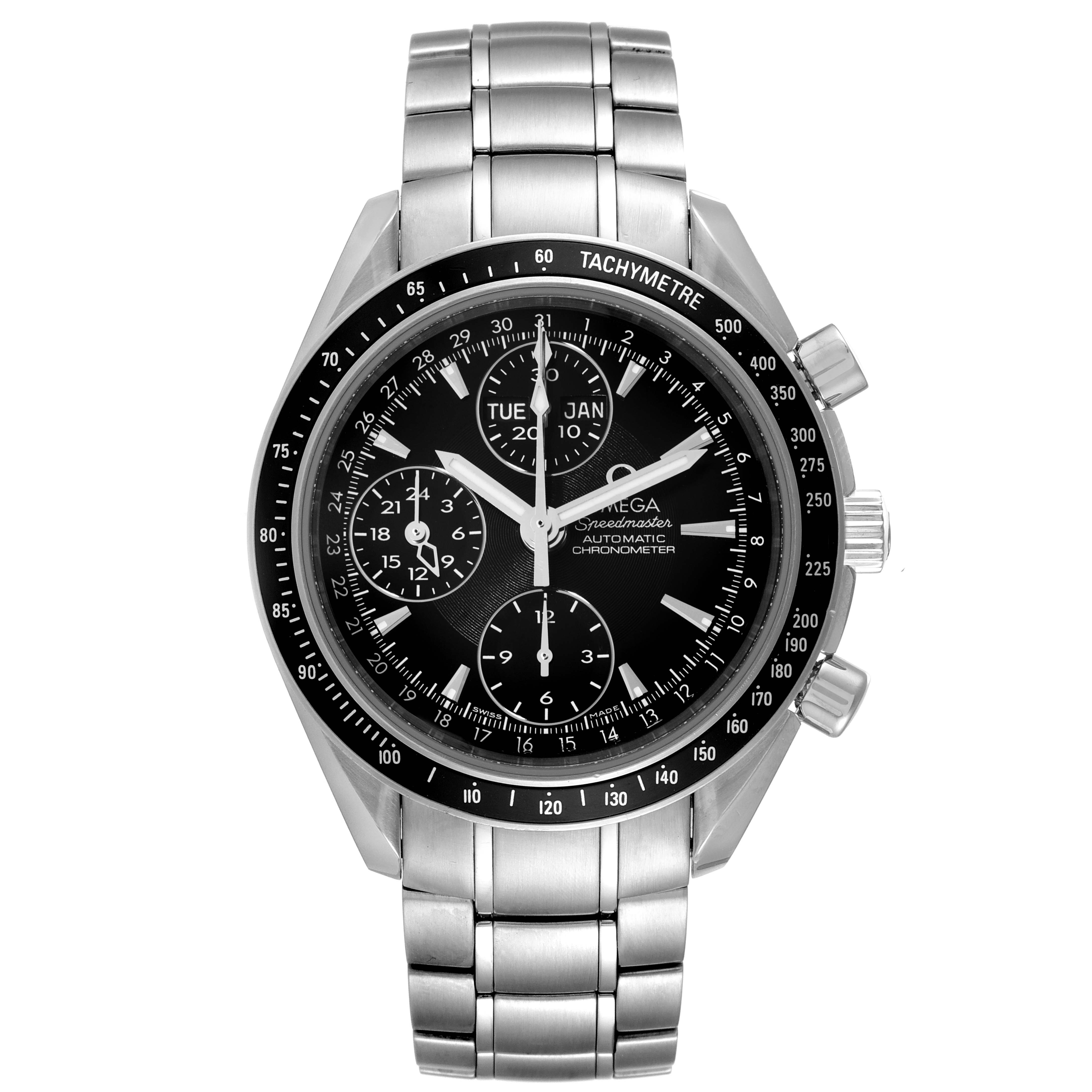 The image shows a front view of an Omega Speedmaster 3220.50.00 Men
s Stainless Steel Black Dial 3220.50.00 Men
s Stainless Steel Black Dial watch, displaying its dial, tachymeter bezel, and stainless steel bracelet.