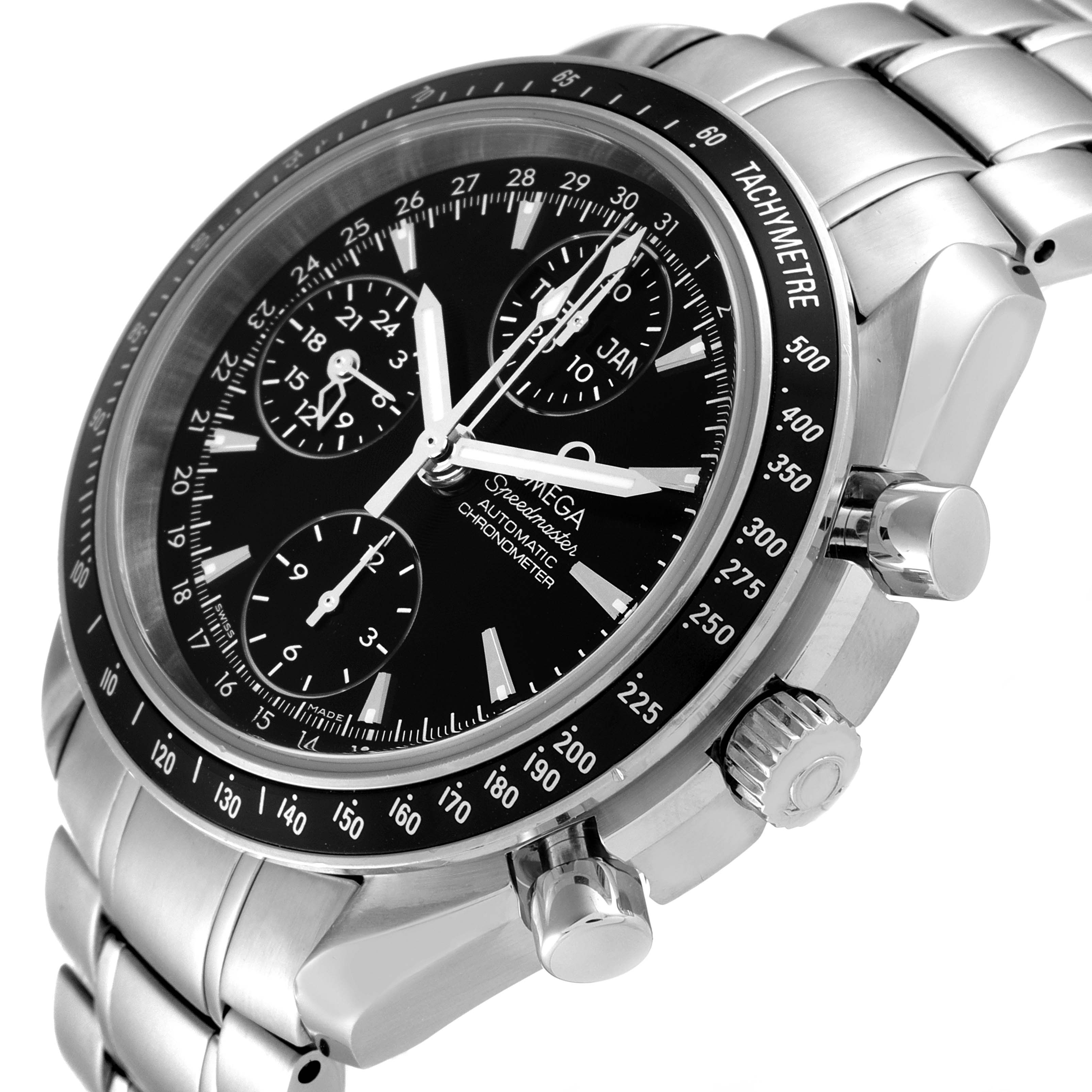 The Omega Speedmaster 3220.50.00 Men
s Stainless Steel Black Dial 3220.50.00 Men
s Stainless Steel Black Dial watch is shown at an angle, highlighting the face, tachymeter bezel, and side pushers.