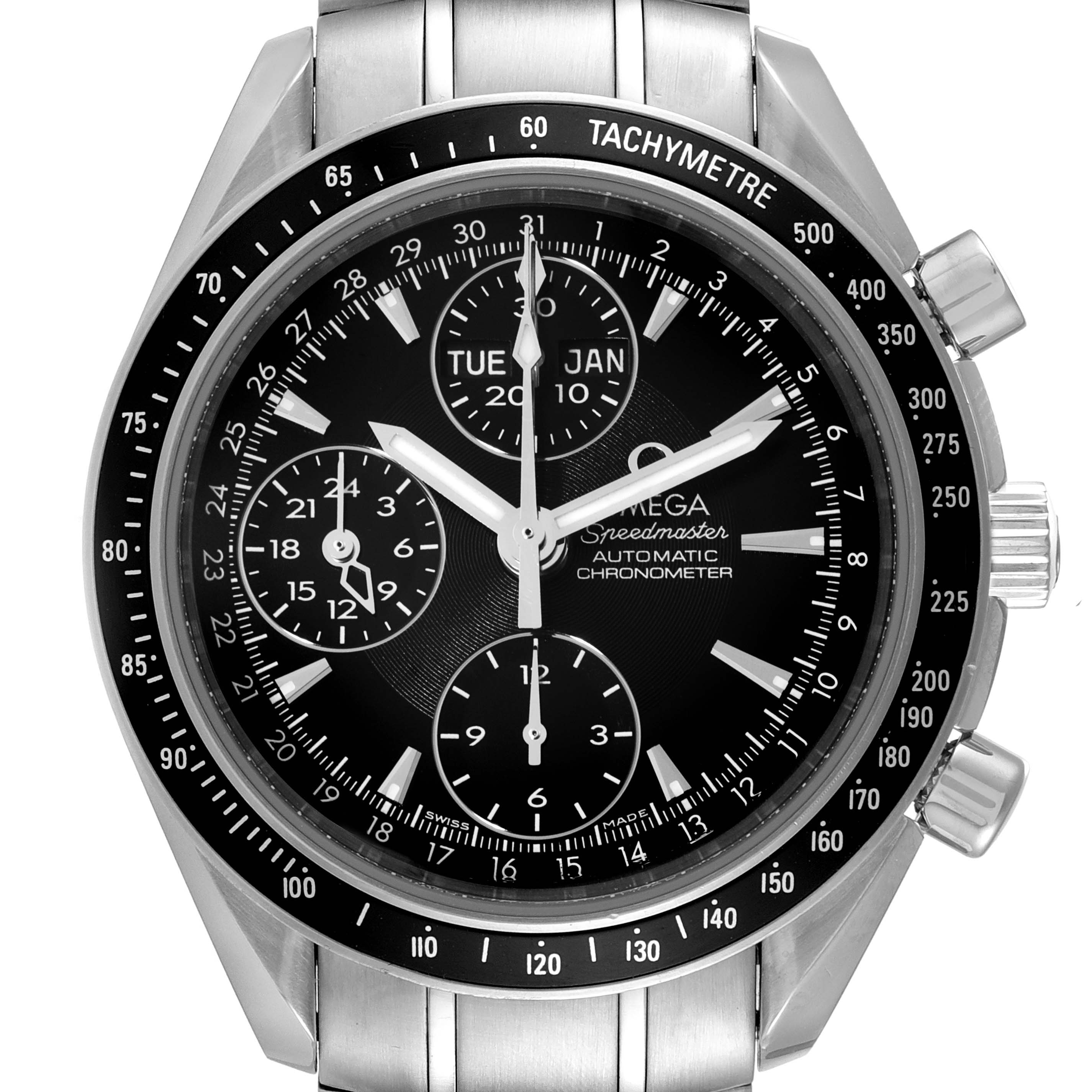 The image shows a front view of the Omega Speedmaster 3220.50.00 Men
s Stainless Steel Black Dial 3220.50.00 Men
s Stainless Steel Black Dial watch, displaying its black dial, chronograph subdials, tachymeter, and date display.