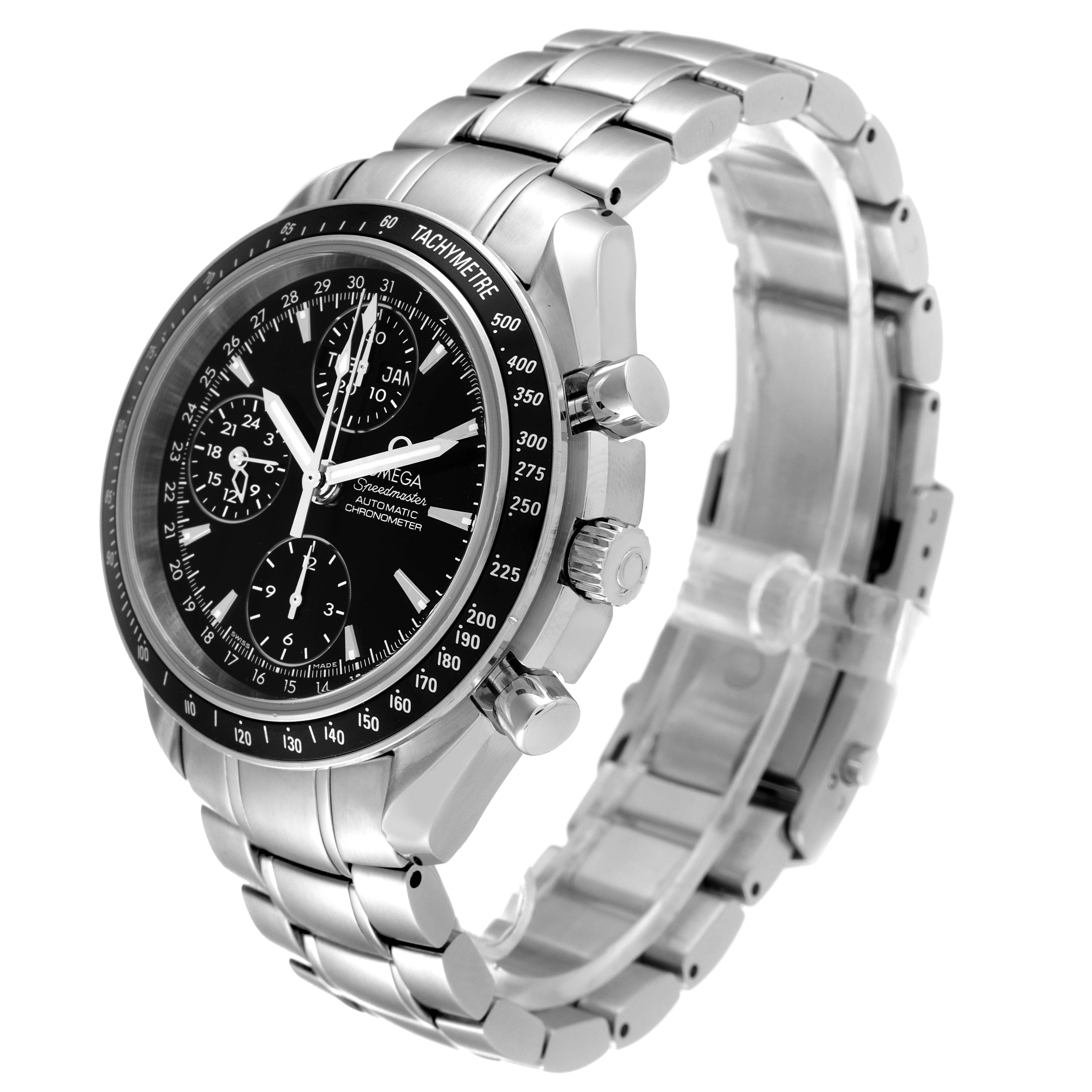 This Omega Speedmaster 3220.50.00 Men
s Stainless Steel Black Dial 3220.50.00 Men
s Stainless Steel Black Dial watch is shown at a front-side angle, highlighting its dial, bezel, and metal bracelet.