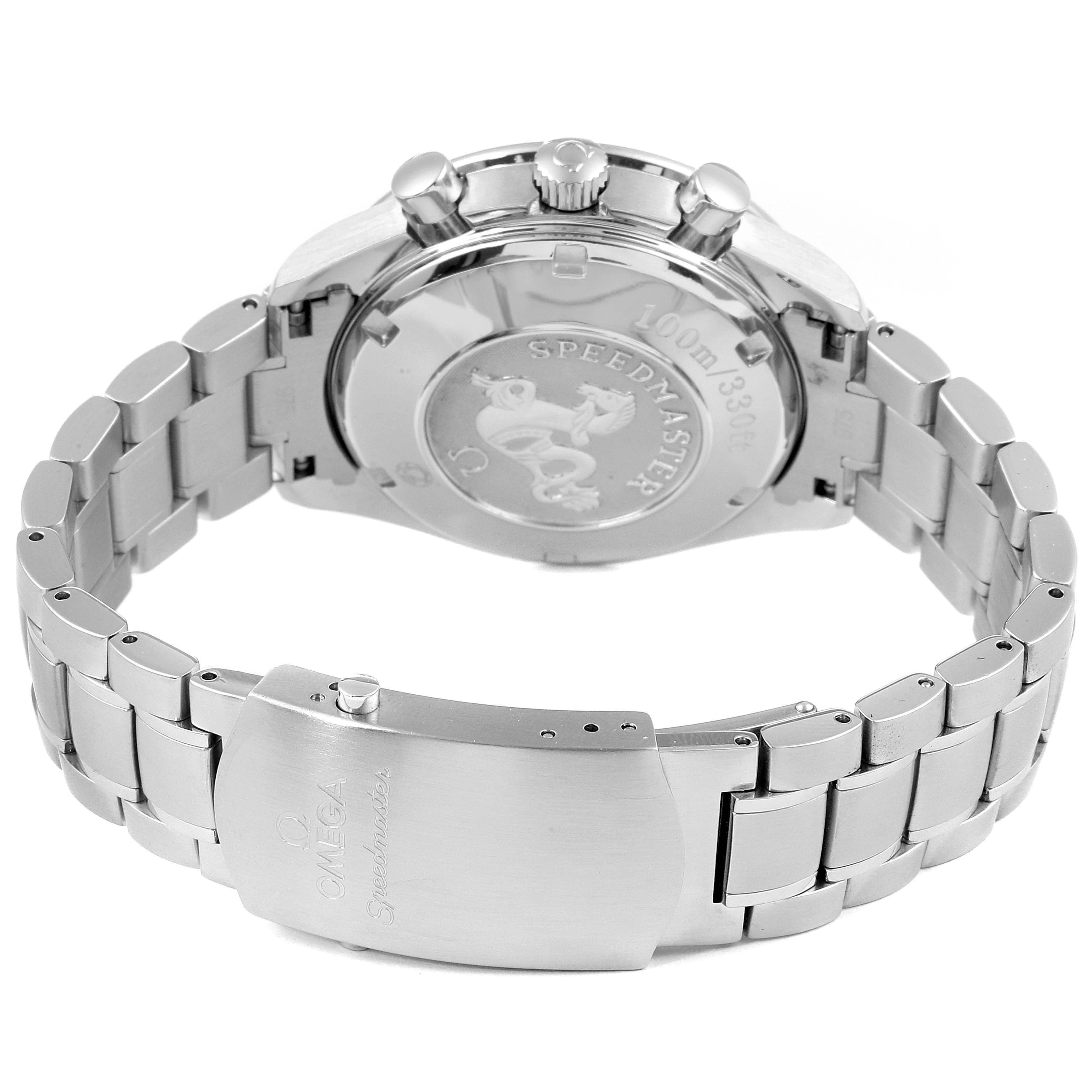 The image shows the back view of an Omega Speedmaster 3222.80.00 Men's Stainless Steel Blue Dial 3222.80.00 Men's Stainless Steel Blue Dial watch including the case back, bracelet, and clasp.
