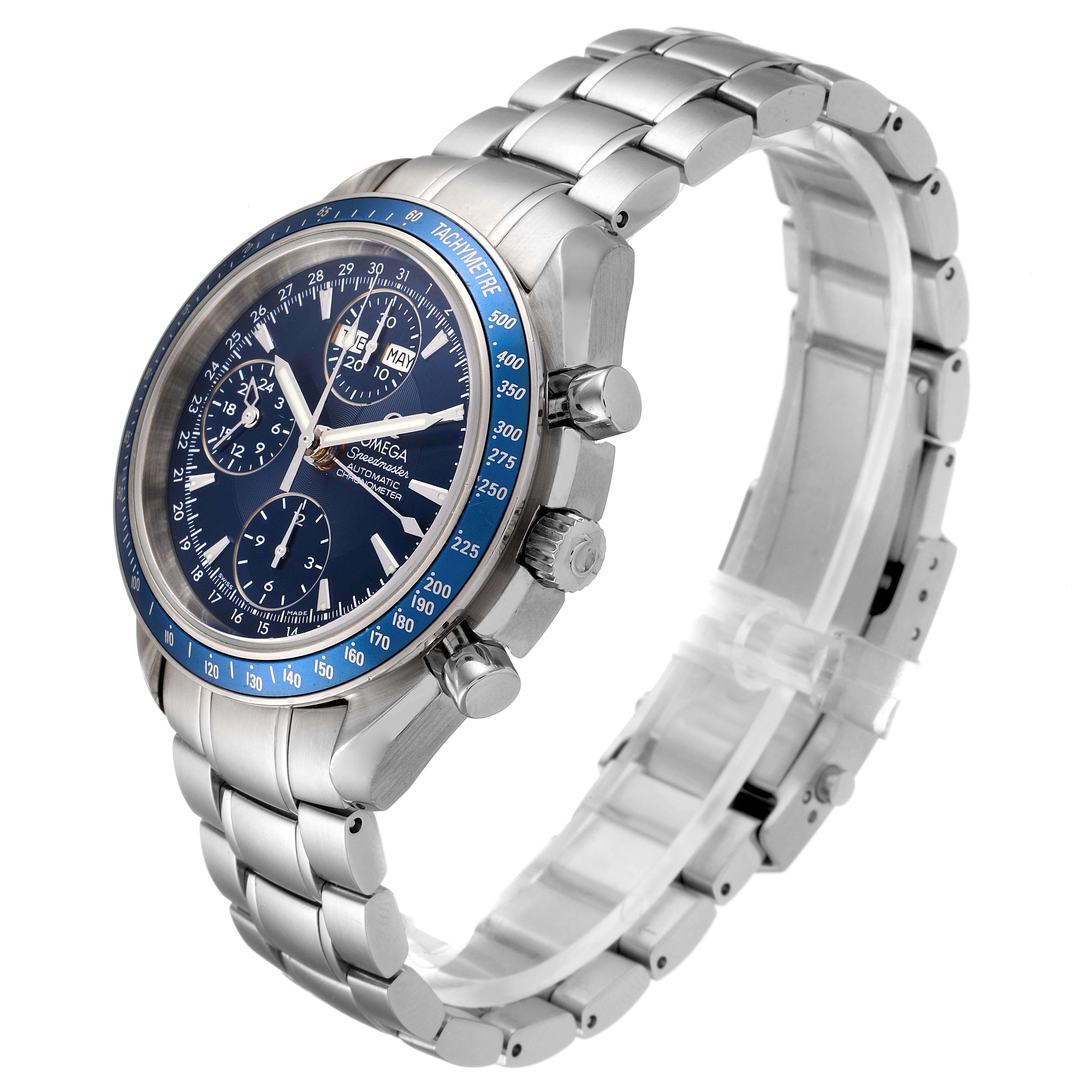 The Omega Speedmaster 3222.80.00 Men's Stainless Steel Blue Dial 3222.80.00 Men's Stainless Steel Blue Dial watch is shown at a three-quarter angle displaying the face, bezel, and metal bracelet.