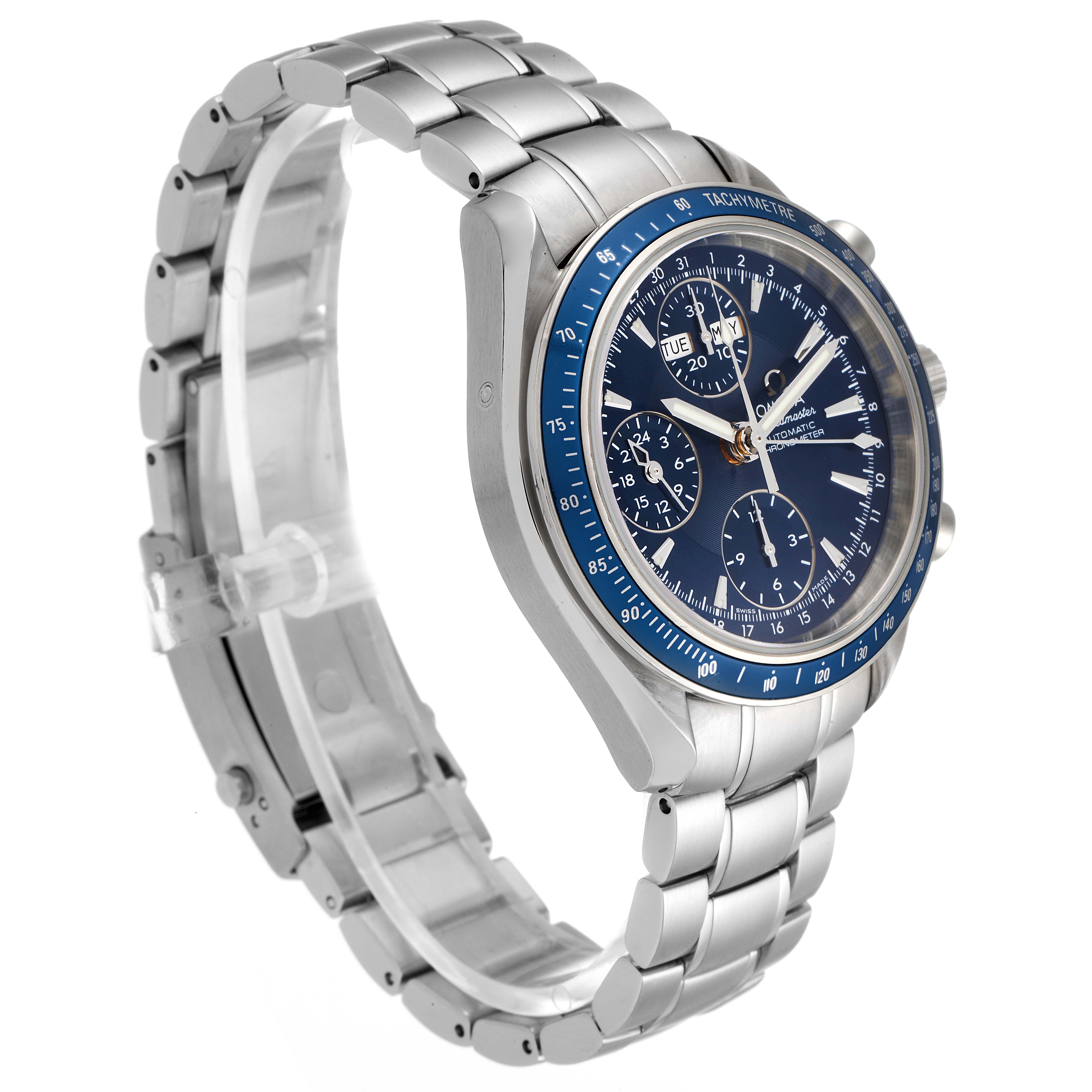 This image shows a three-quarter angle view of the Omega Speedmaster 3222.80.00 Men's Stainless Steel Blue Dial 3222.80.00 Men's Stainless Steel Blue Dial watch highlighting its face, bezel, and metal bracelet.
