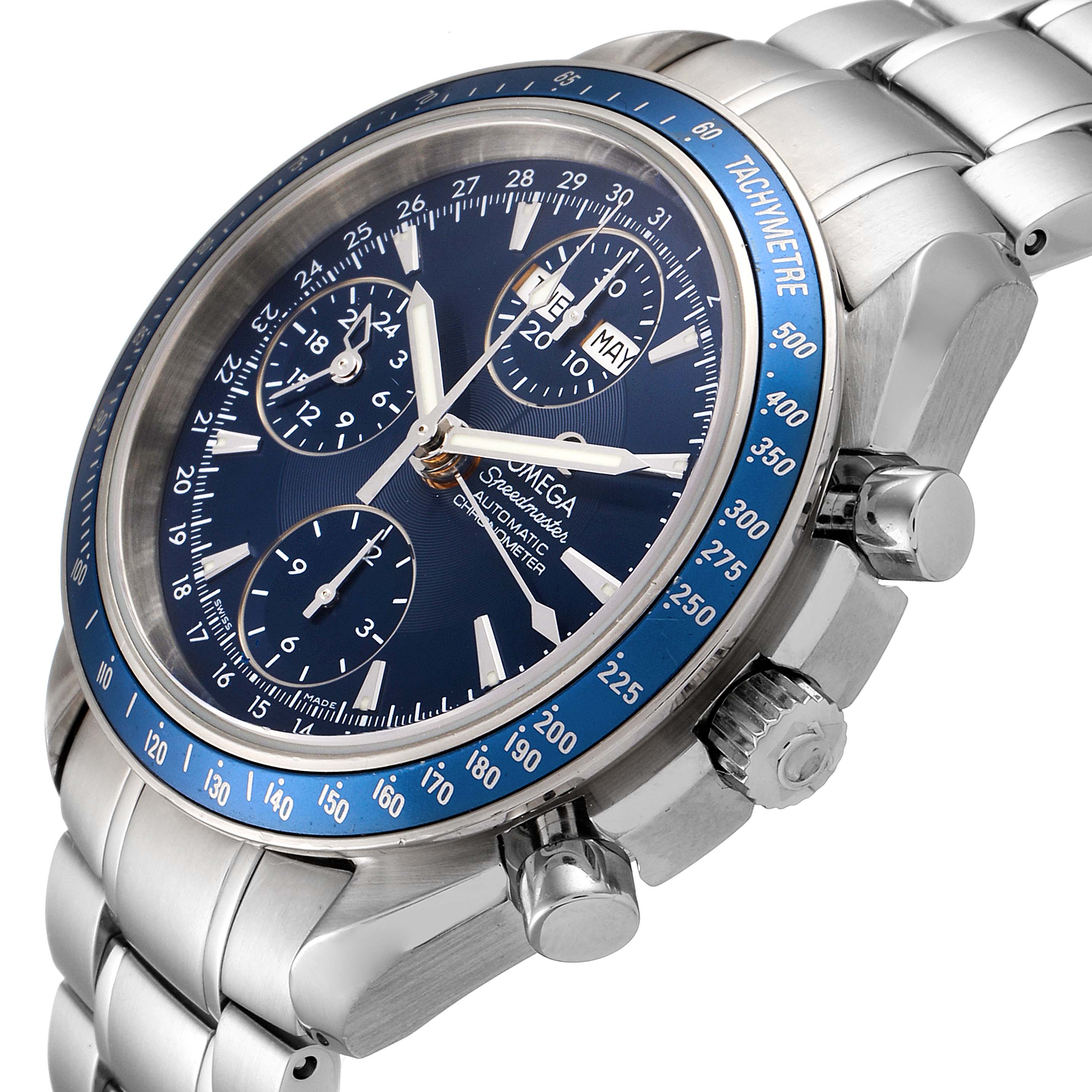 The Omega Speedmaster 3222.80.00 Men's Stainless Steel Blue Dial 3222.80.00 Men's Stainless Steel Blue Dial watch is shown at an angled close-up, highlighting its blue dial, tachymeter bezel, chronograph subdials, and stainless steel bracelet.
