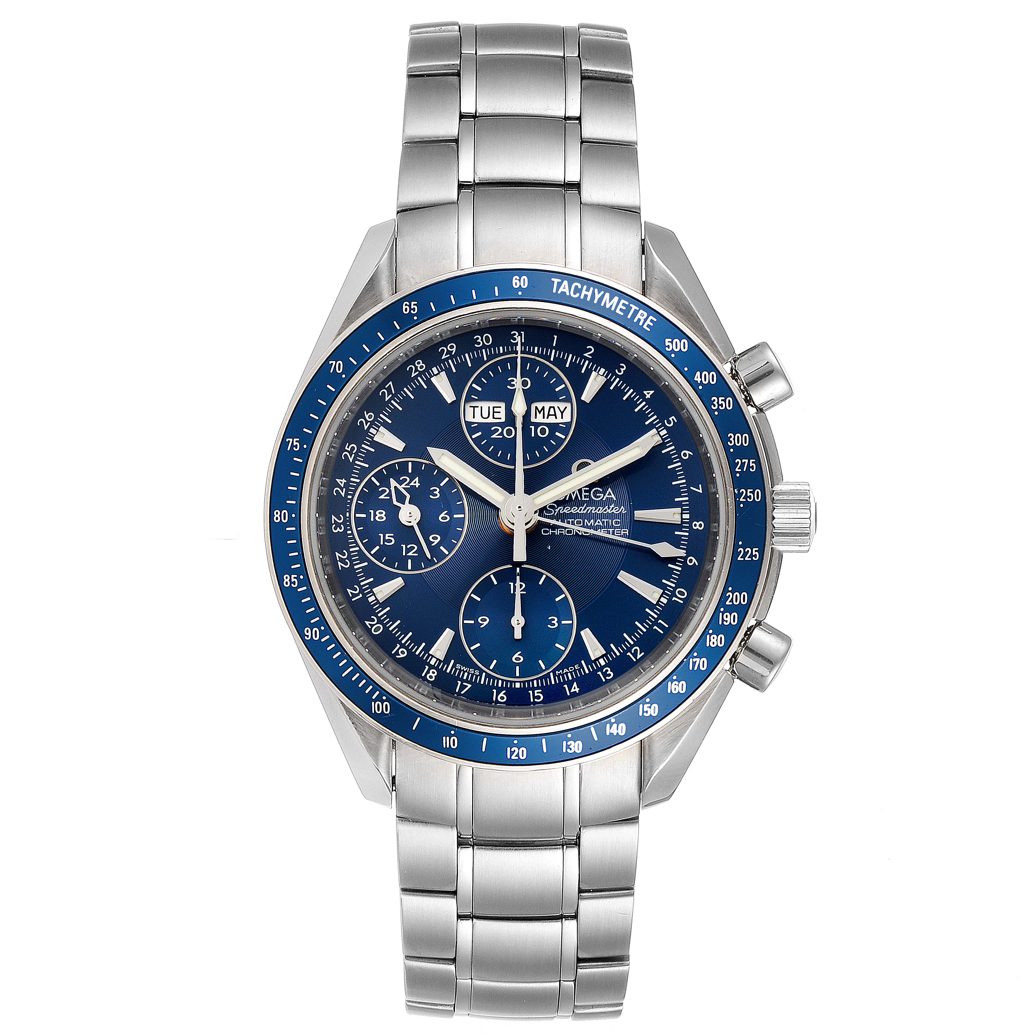 The Omega Speedmaster 3222.80.00 Men's Stainless Steel Blue Dial 3222.80.00 Men's Stainless Steel Blue Dial watch is shown from the front, displaying its dial, subdials, bezel, and metal bracelet.