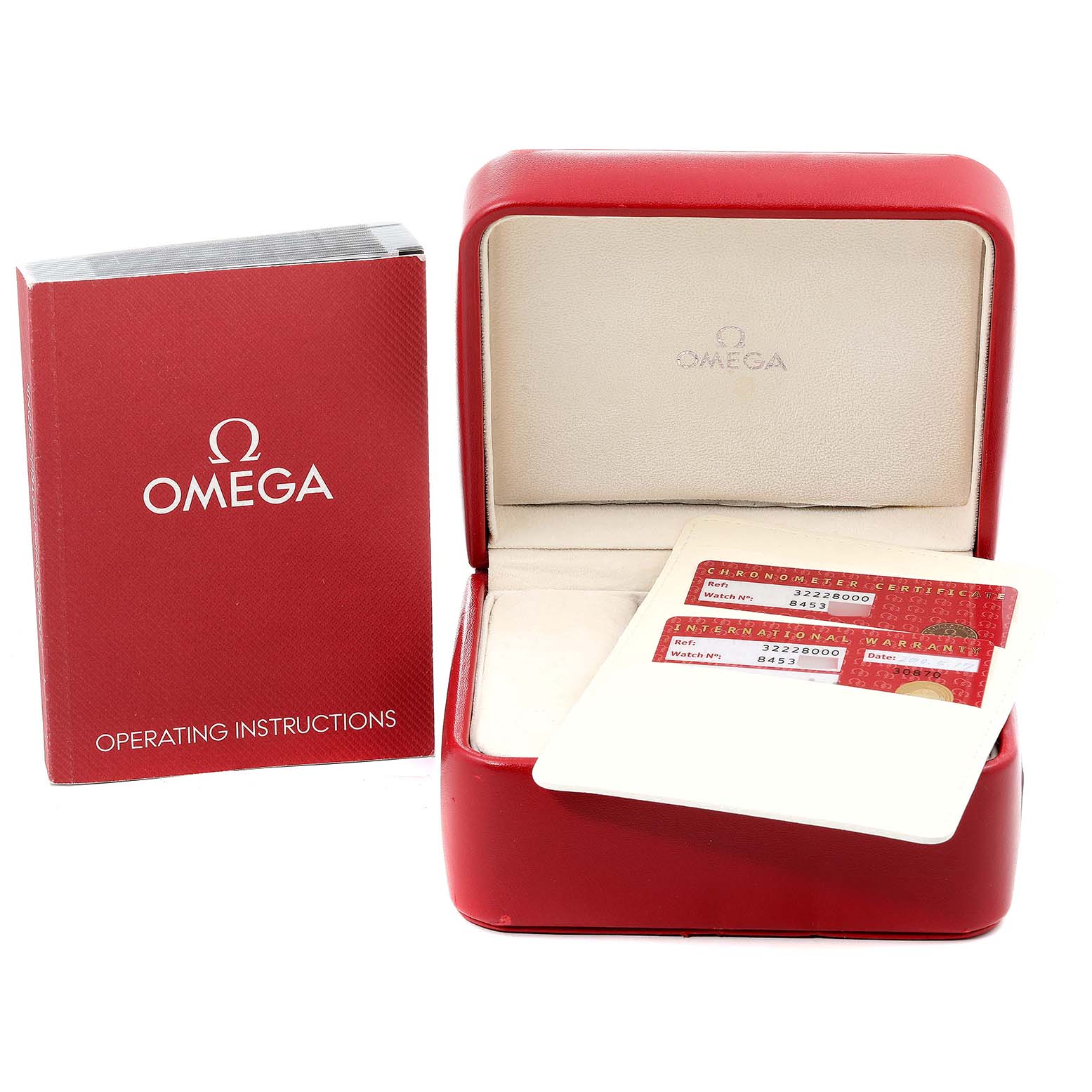 The image shows an Omega Speedmaster 3222.80.00 Men's Stainless Steel Blue Dial 3222.80.00 Men's Stainless Steel Blue Dial watch box, warranty cards, and operating instructions booklets.