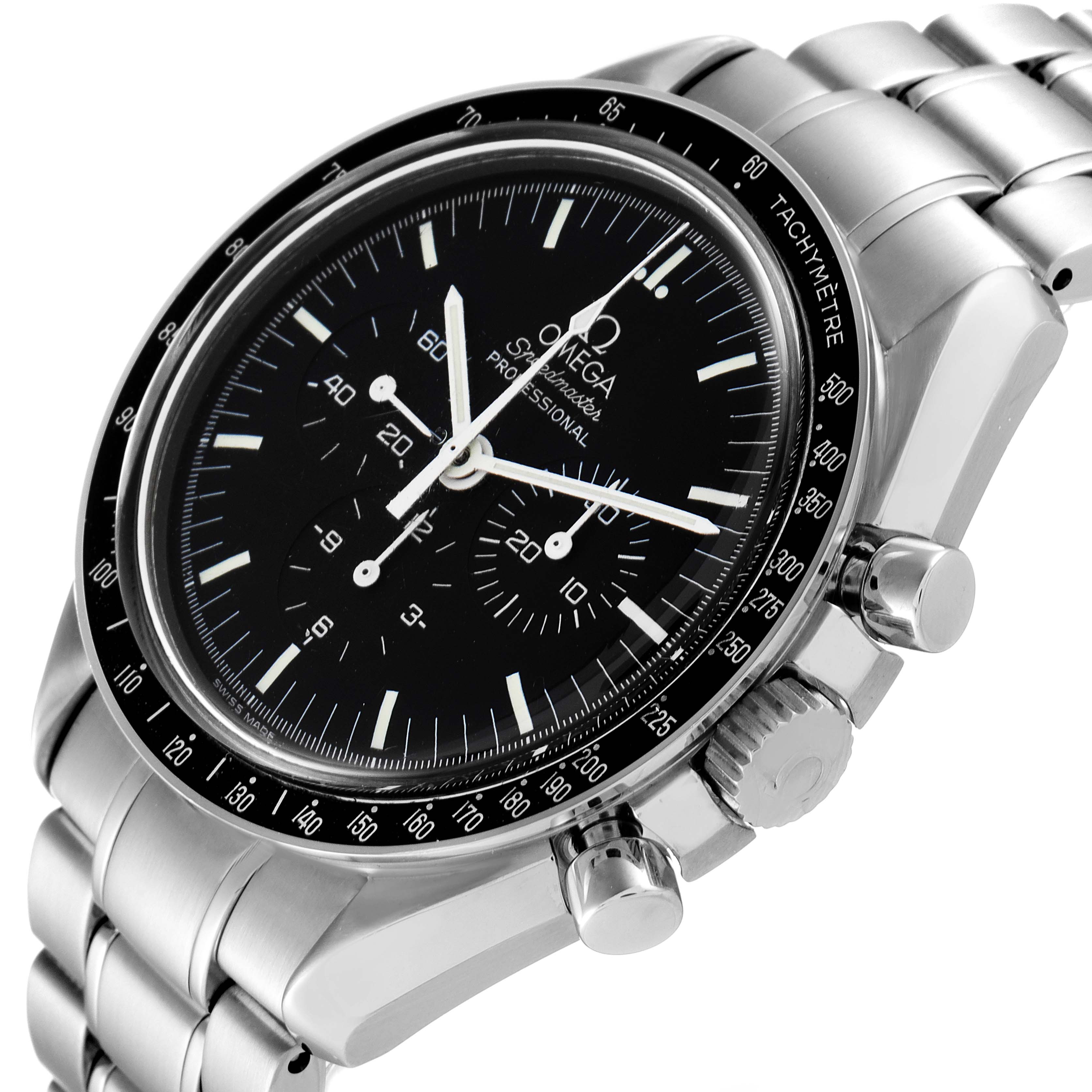 The image shows an Omega Speedmaster 3572.50.00 Men
s Stainless Steel Black Dial 3572.50.00 Men
s Stainless Steel Black Dial watch from a tilted front angle, highlighting the chronograph dials, tachymeter bezel, and crown.