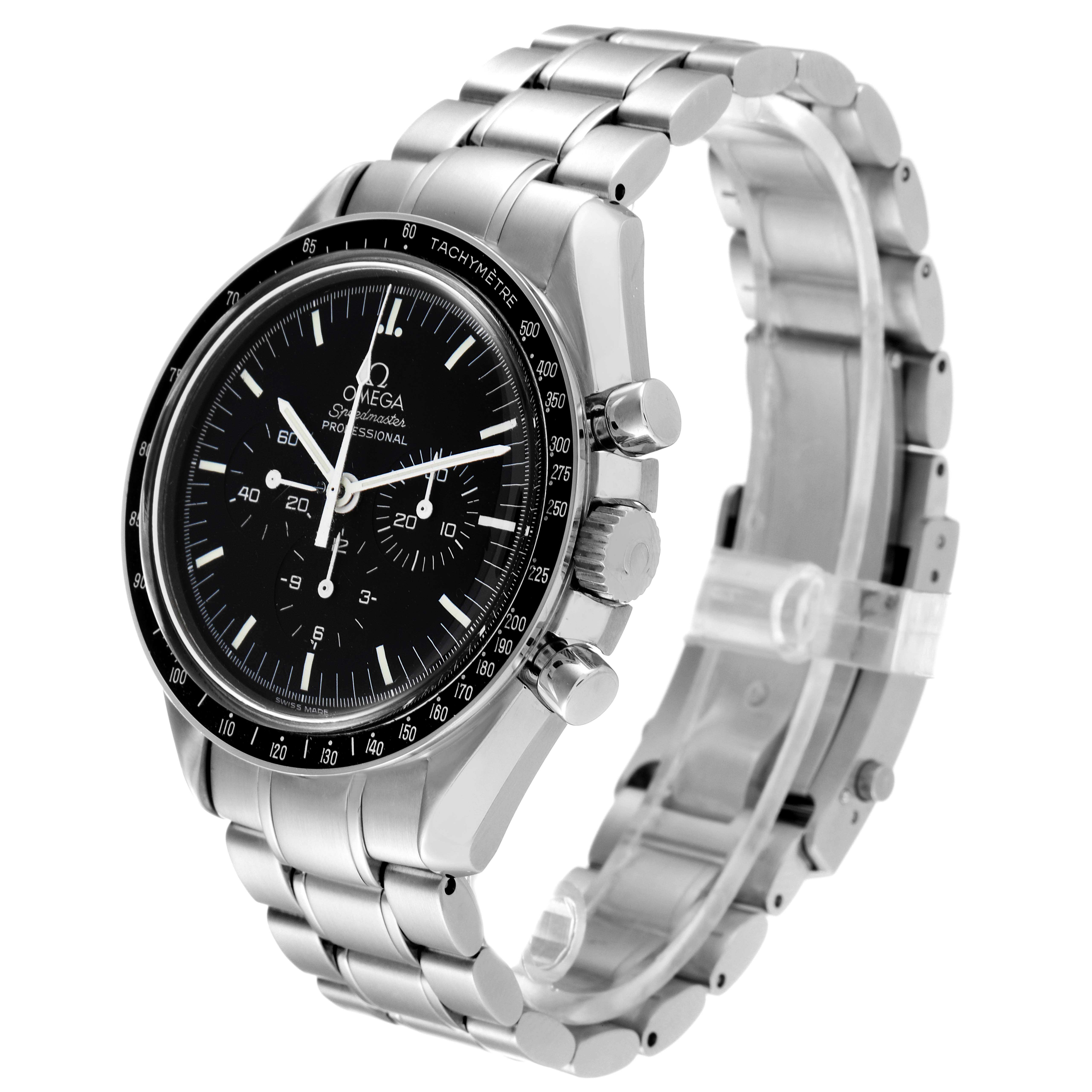This image shows an Omega Speedmaster 3572.50.00 Men
s Stainless Steel Black Dial 3572.50.00 Men
s Stainless Steel Black Dial watch viewed at an angled perspective, highlighting the dial, bezel, and stainless steel bracelet.