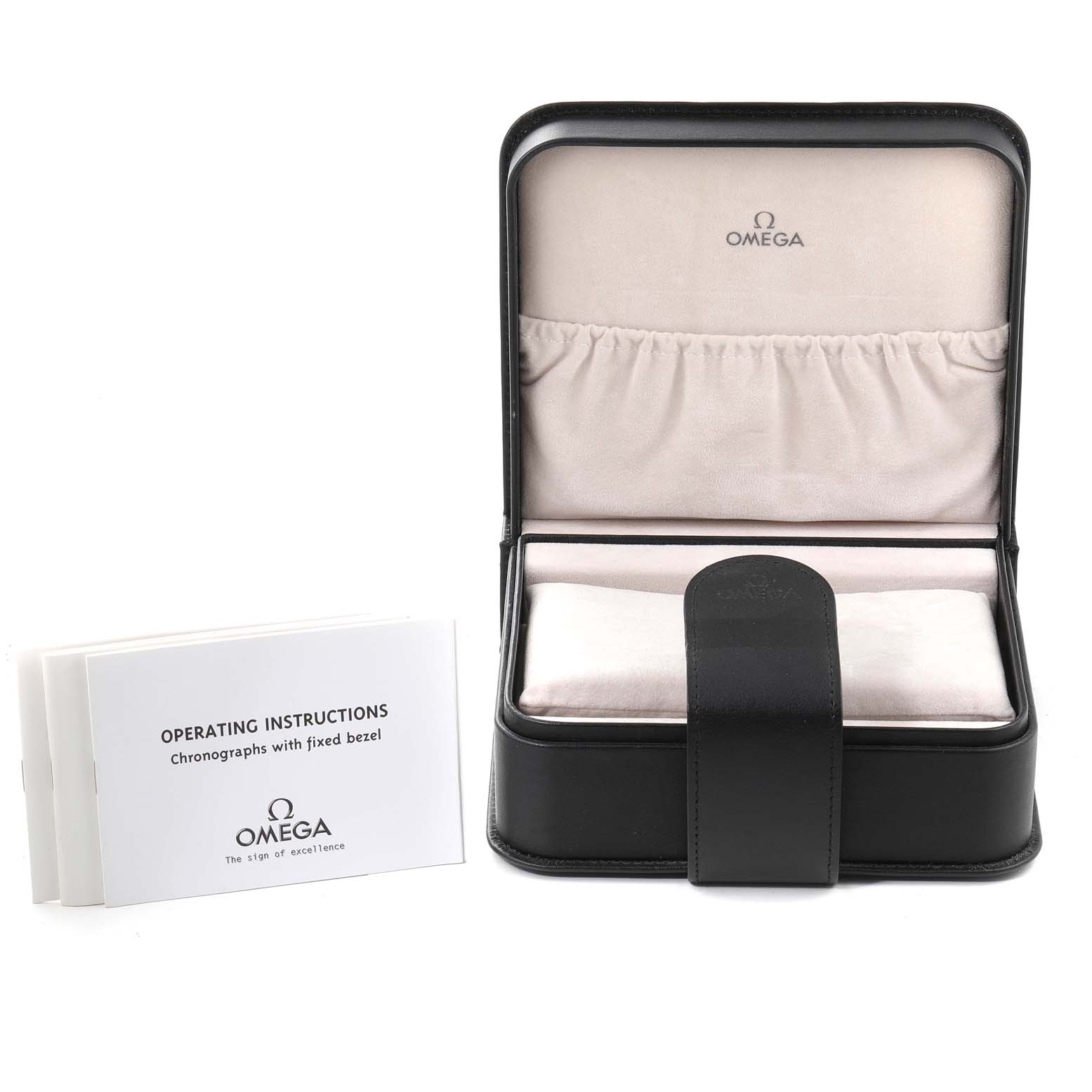 The image shows an empty Omega Speedmaster 3572.50.00 Men
s Stainless Steel Black Dial 3572.50.00 Men
s Stainless Steel Black Dial watch box and the operating instructions booklets from a front angle.