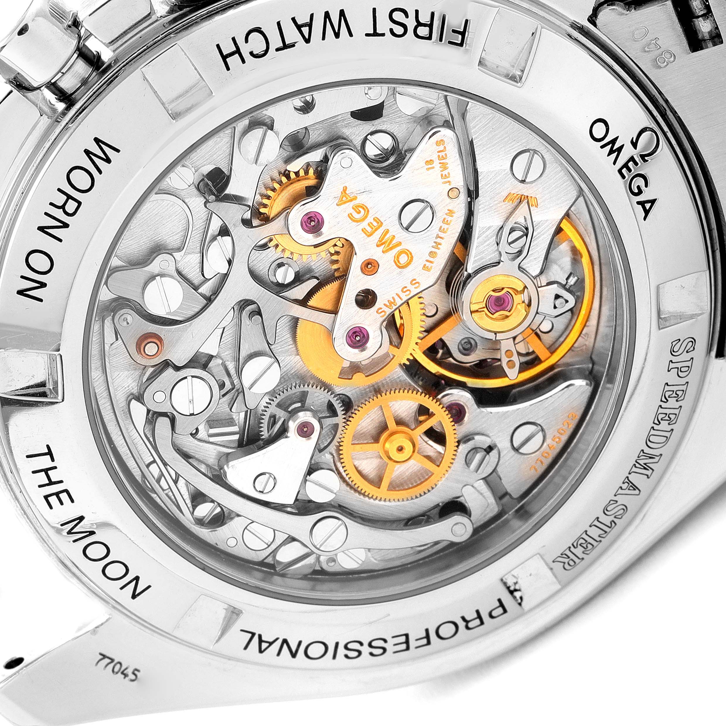 This image shows the back of an Omega Speedmaster 3572.50.00 Men
s Stainless Steel Black Dial 3572.50.00 Men
s Stainless Steel Black Dial watch, highlighting the intricate mechanical movement.