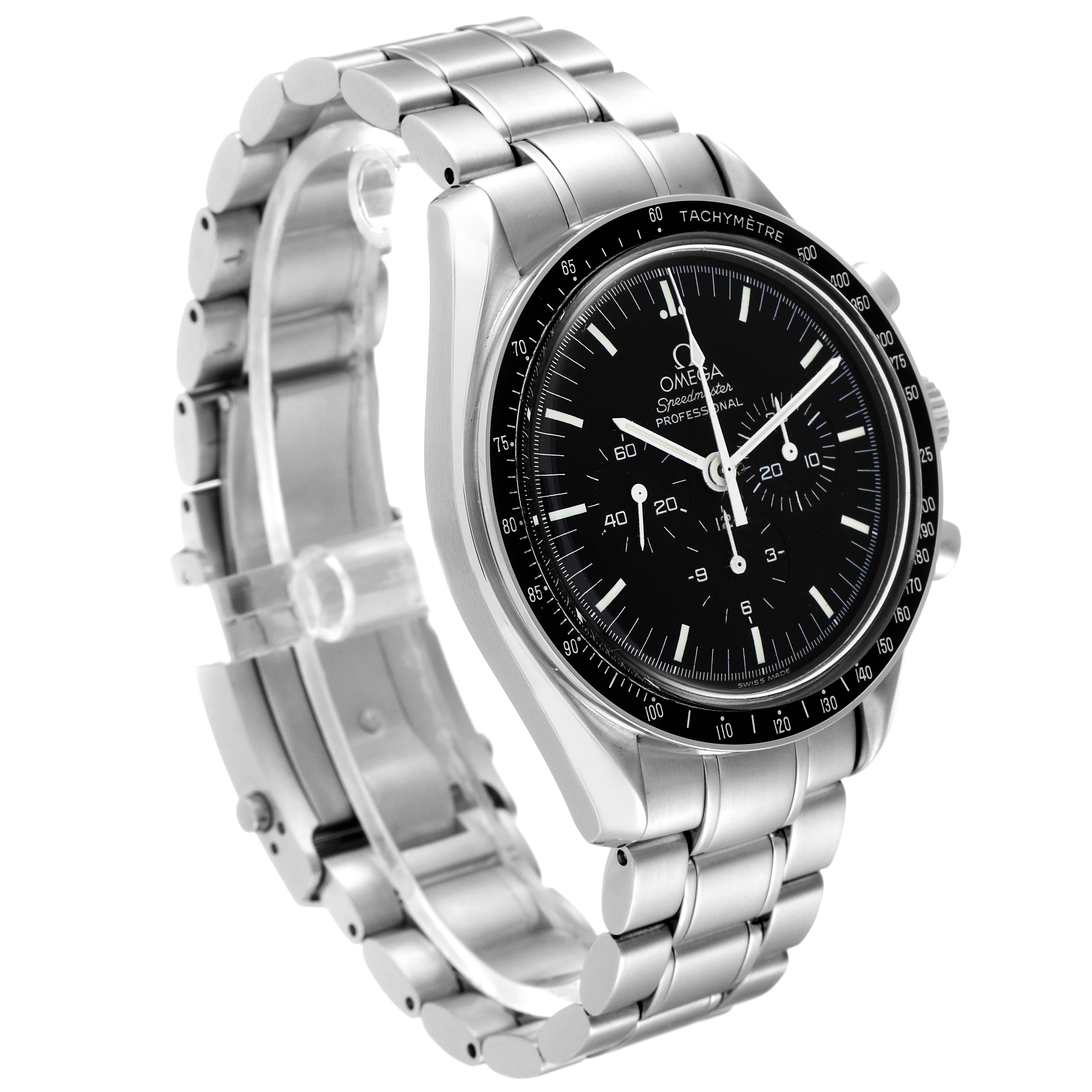 This image shows an Omega Speedmaster 3572.50.00 Men
s Stainless Steel Black Dial 3572.50.00 Men
s Stainless Steel Black Dial watch at a three-quarter angle, highlighting the face, bezel, and metal bracelet.