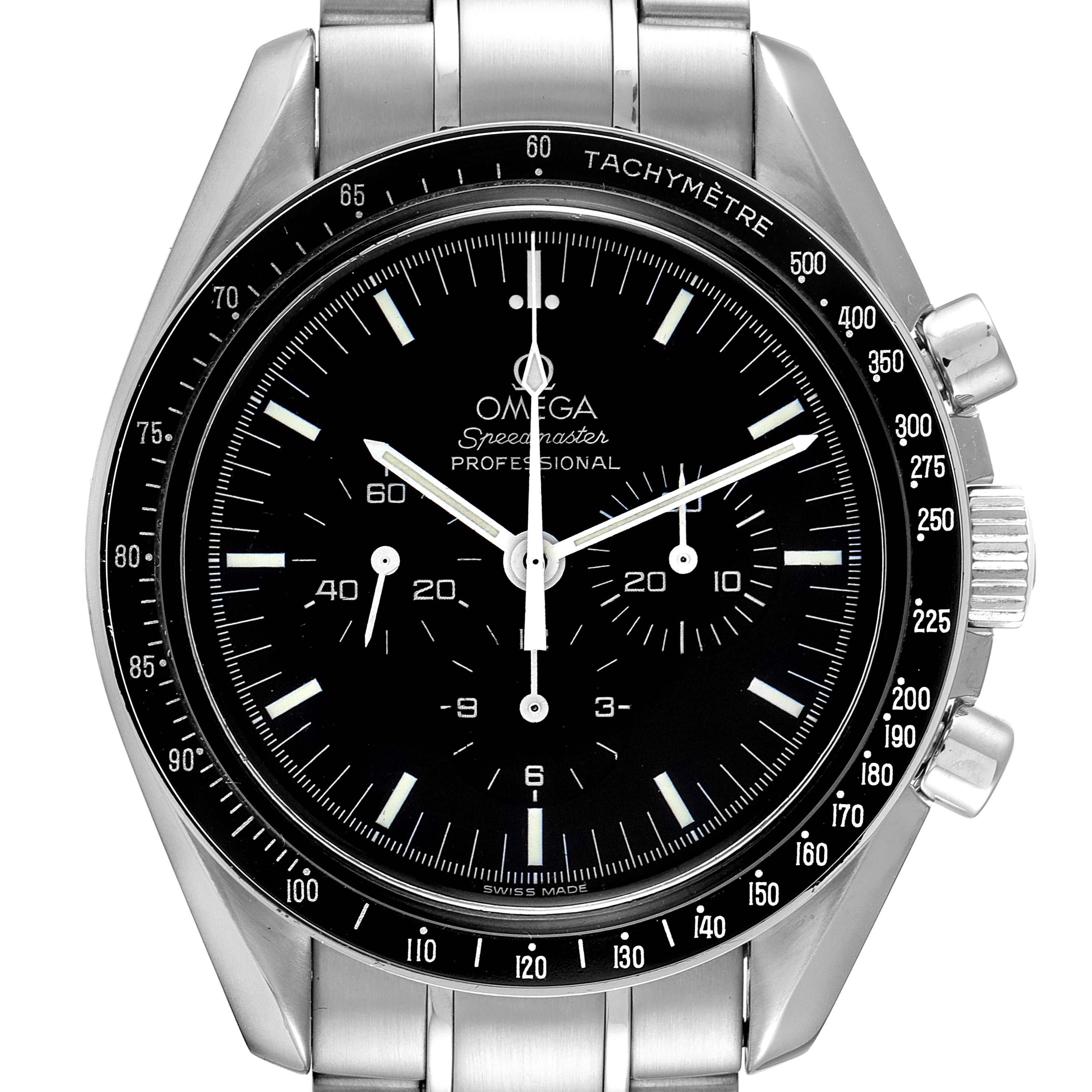 The Omega Speedmaster 3572.50.00 Men
s Stainless Steel Black Dial 3572.50.00 Men
s Stainless Steel Black Dial watch is shown from a top-down angle, highlighting the dial, tachymeter bezel, and chronograph buttons.