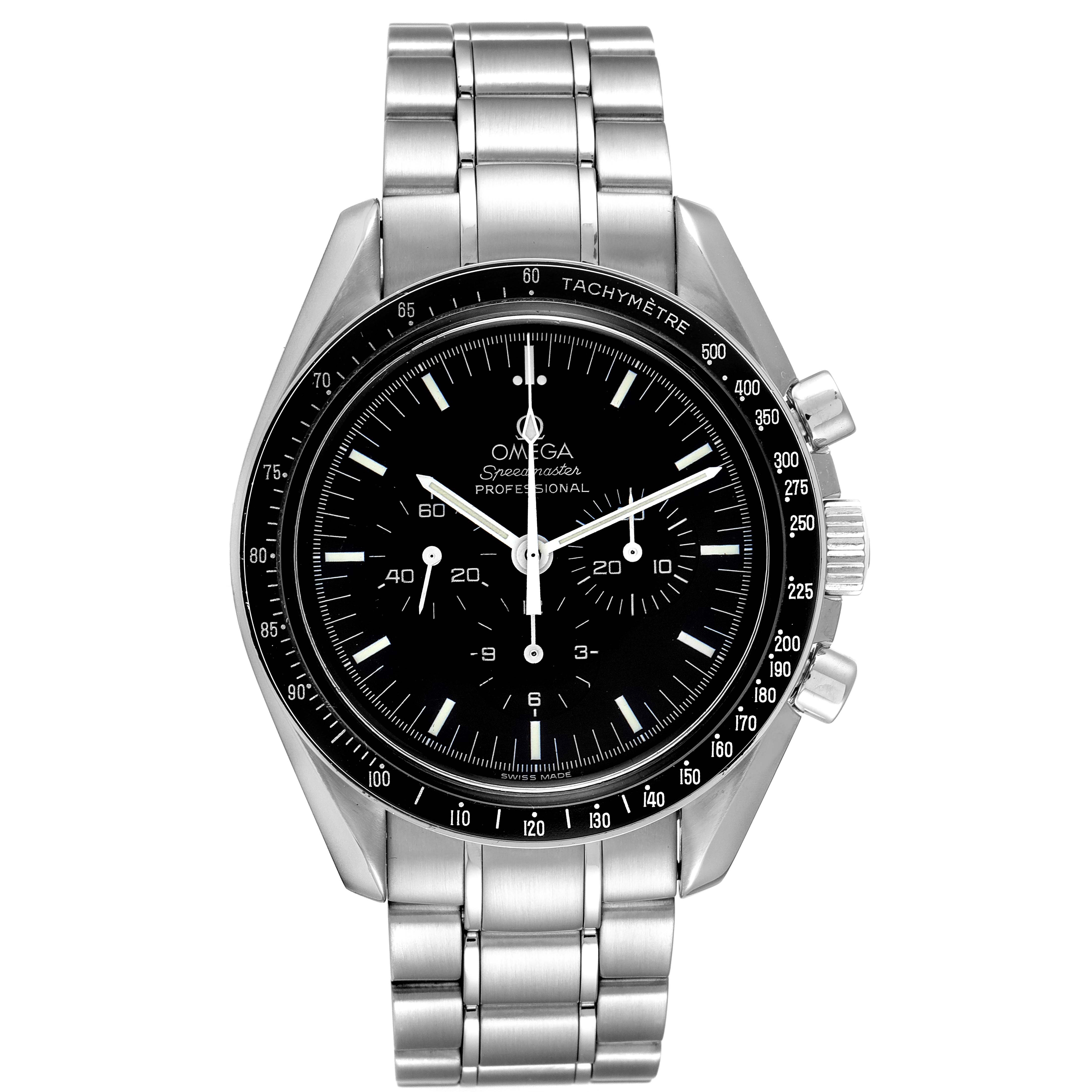 The Omega Speedmaster 3572.50.00 Men
s Stainless Steel Black Dial 3572.50.00 Men
s Stainless Steel Black Dial watch is shown from a front angle, displaying its face, bezel, and metal bracelet.