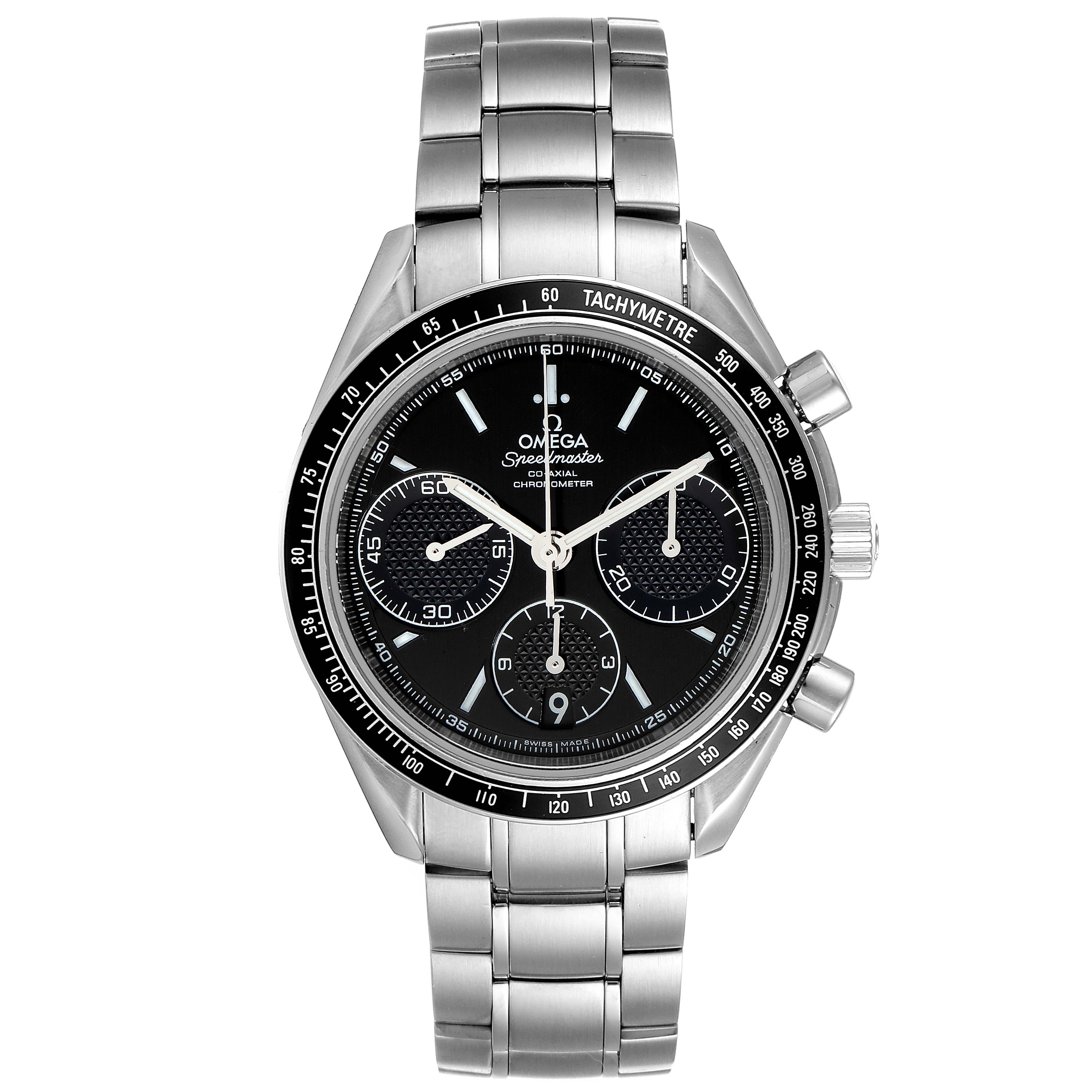 The image shows a full frontal view of the Omega Speedmaster 326.30.40.50.01.001 Men's Stainless Steel Black Dial 326.30.40.50.01.001 Men's Stainless Steel Black Dial watch, displaying its face and stainless steel bracelet.