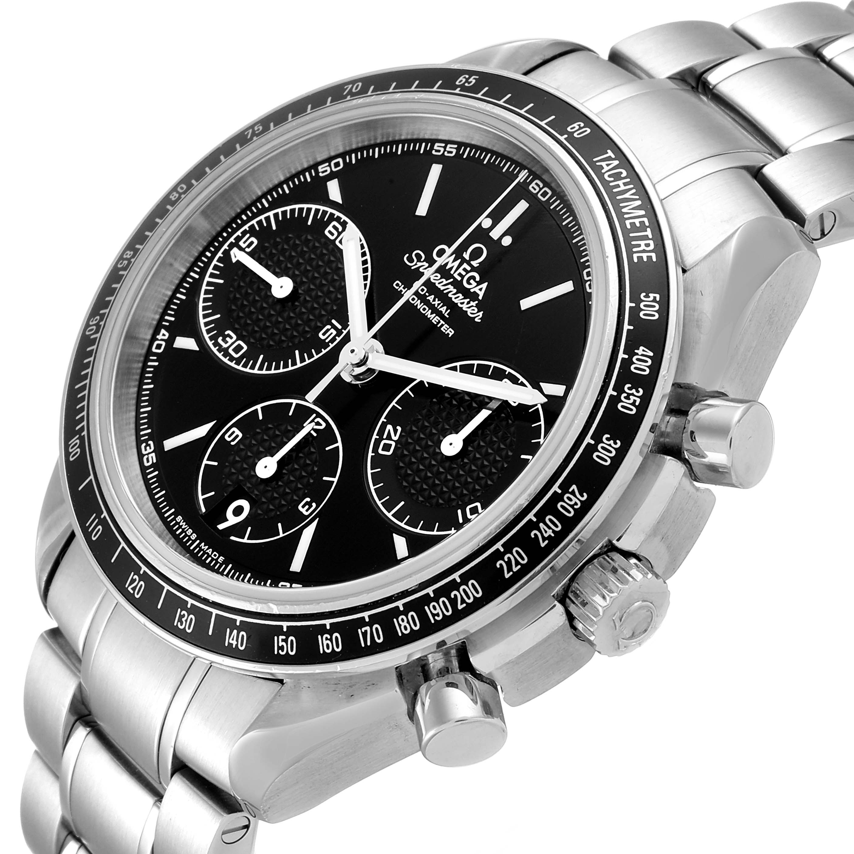 This Omega Speedmaster 326.30.40.50.01.001 Men's Stainless Steel Black Dial 326.30.40.50.01.001 Men's Stainless Steel Black Dial watch is shown at a right-side angle highlighting its dial, bezel, and bracelet.