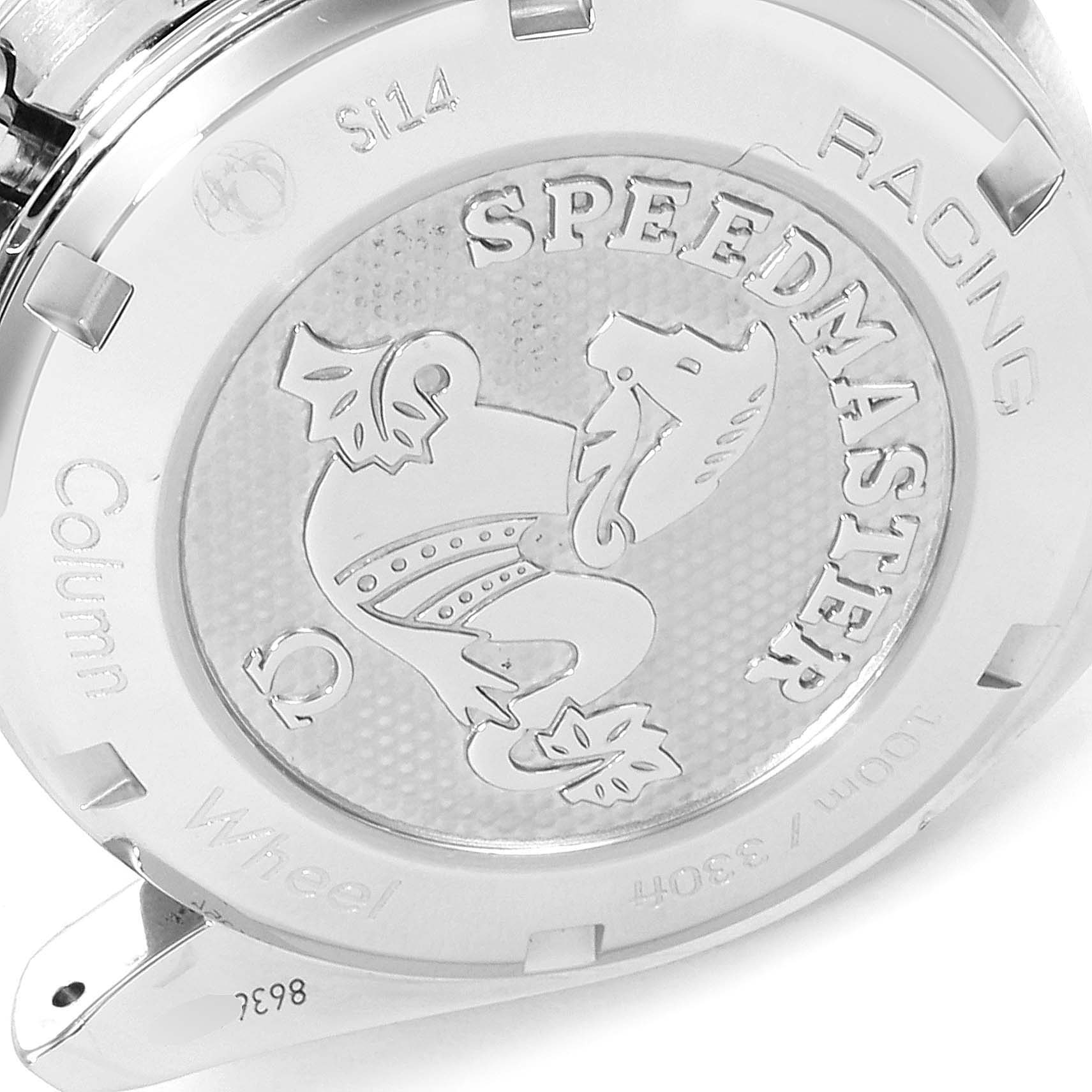 The image shows the back case of an Omega Speedmaster 326.30.40.50.01.001 Men's Stainless Steel Black Dial 326.30.40.50.01.001 Men's Stainless Steel Black Dial Racing watch, highlighting its engraved details and branding.