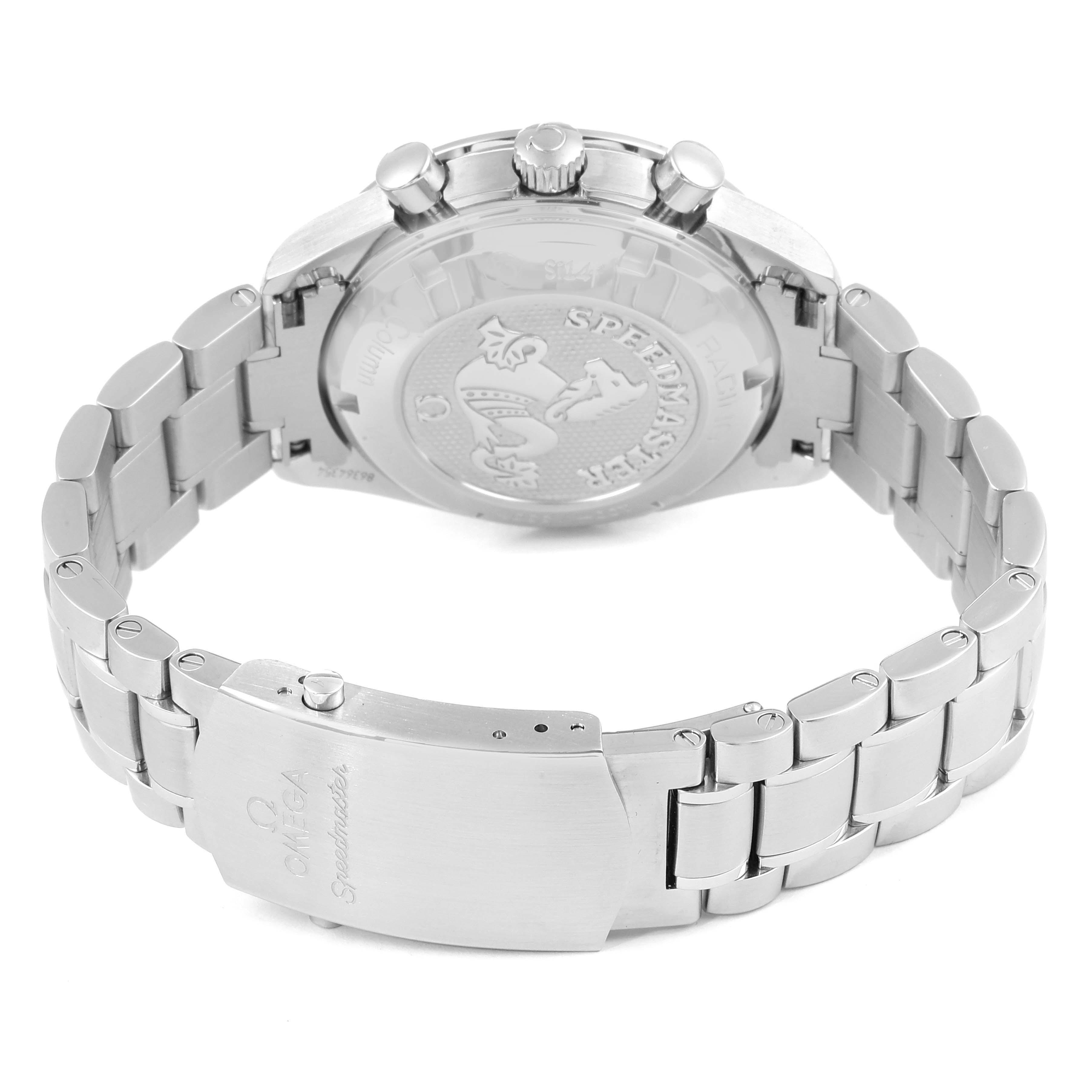 The image shows the back case and bracelet of an Omega Speedmaster 326.30.40.50.01.001 Men's Stainless Steel Black Dial 326.30.40.50.01.001 Men's Stainless Steel Black Dial watch from a rear angle.