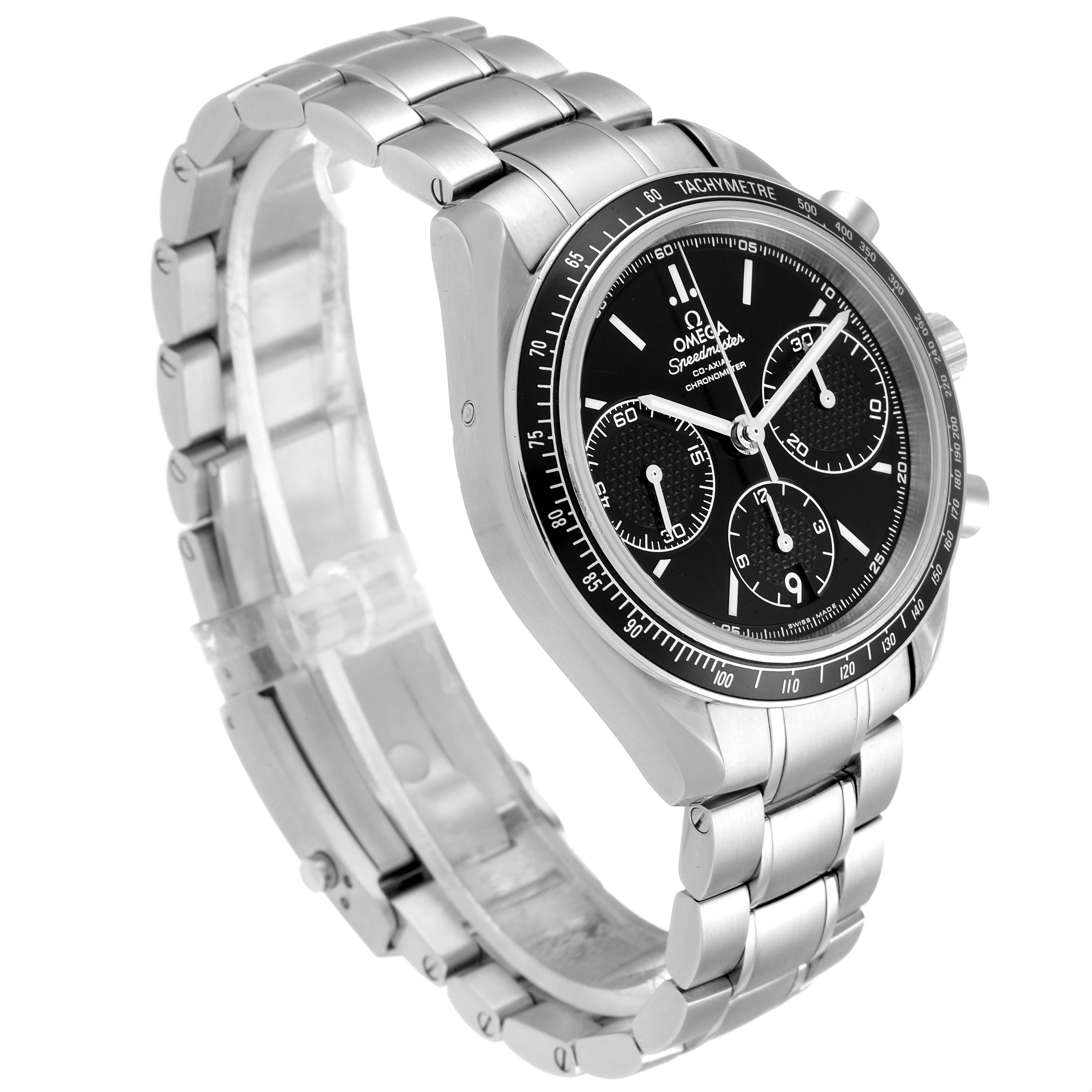 This image shows an angled side view of an Omega Speedmaster 326.30.40.50.01.001 Men's Stainless Steel Black Dial 326.30.40.50.01.001 Men's Stainless Steel Black Dial watch, highlighting its bracelet, case, and tachymeter bezel.