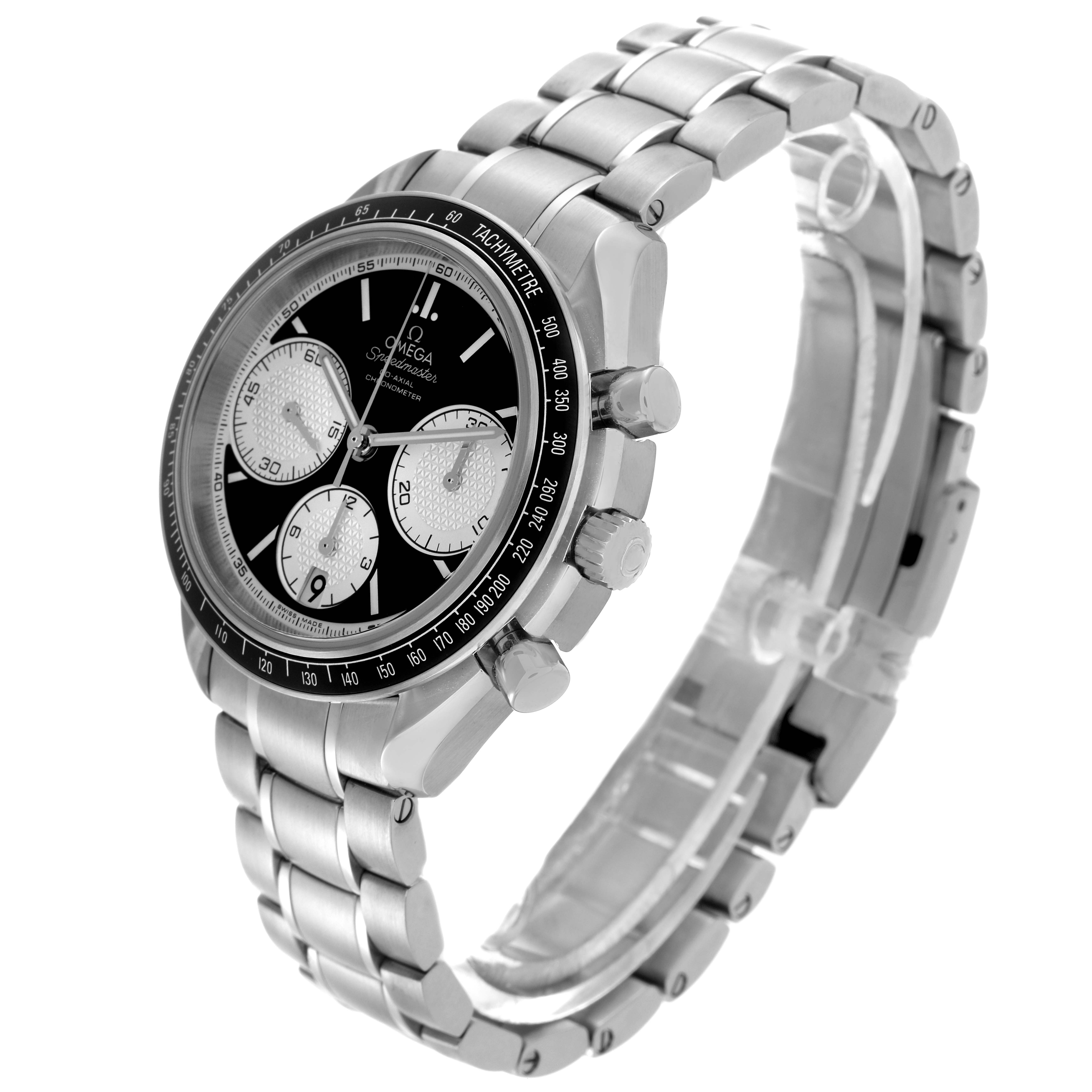 The Omega Speedmaster 326.30.40.50.01.002 Men's Stainless Steel Black Dial 326.30.40.50.01.002 Men's Stainless Steel Black Dial watch is shown at a three-quarter angle, highlighting the face, bezel, and bracelet.