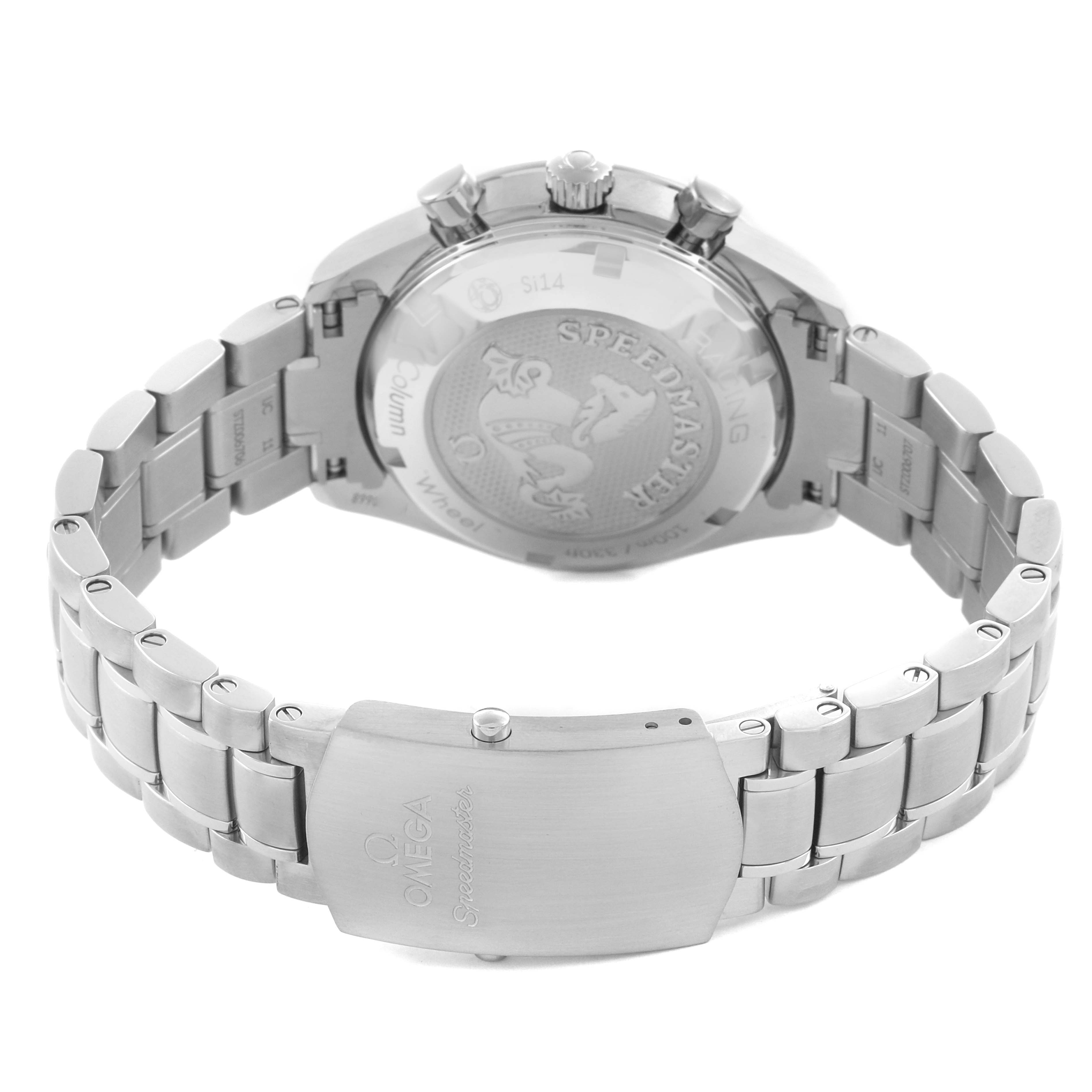 The image shows the case back and bracelet clasp of an Omega Speedmaster 326.30.40.50.01.002 Men's Stainless Steel Black Dial 326.30.40.50.01.002 Men's Stainless Steel Black Dial watch from a rear angle.