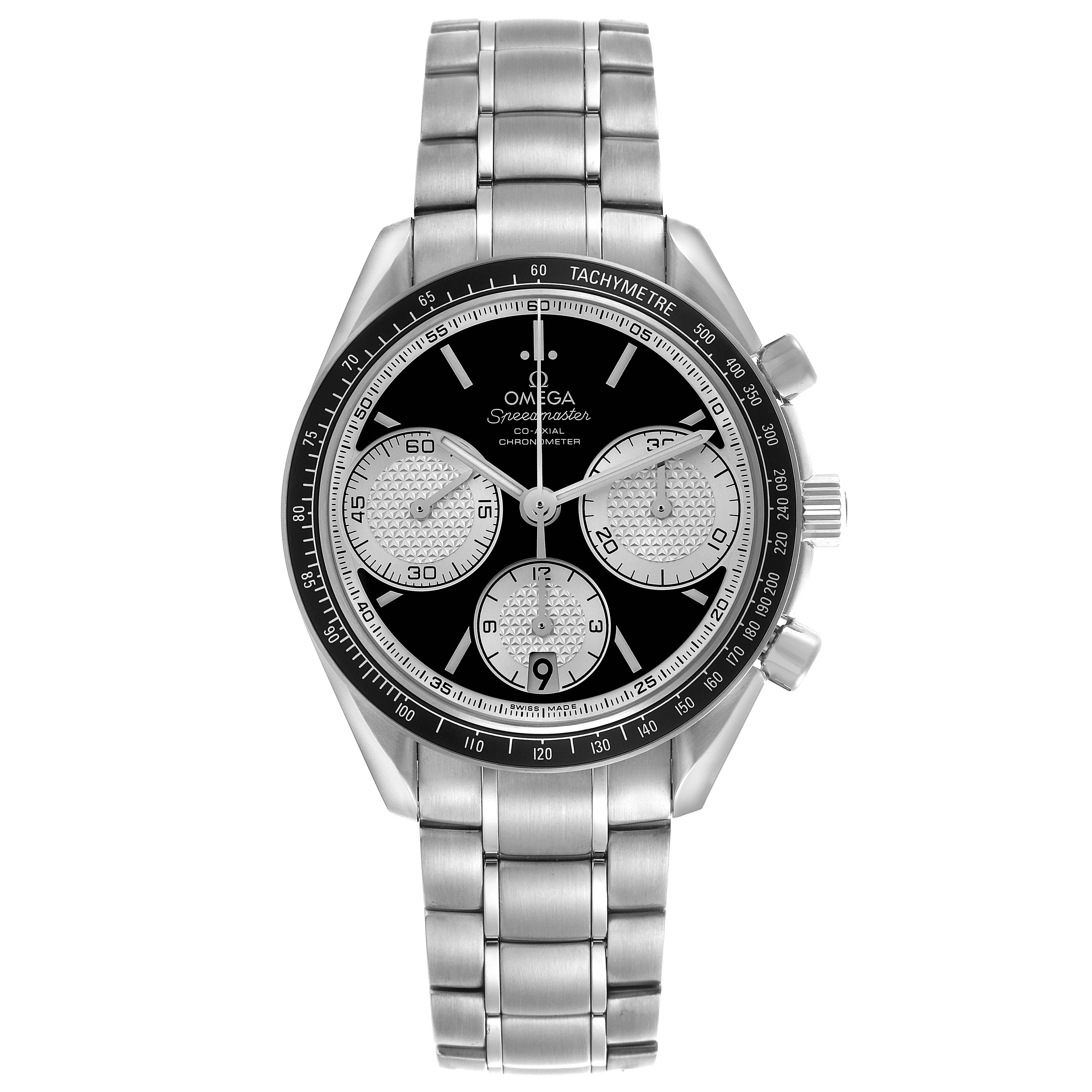 The Omega Speedmaster 326.30.40.50.01.002 Men's Stainless Steel Black Dial 326.30.40.50.01.002 Men's Stainless Steel Black Dial is shown from a front angle, displaying the dial, bezel, and stainless steel bracelet.