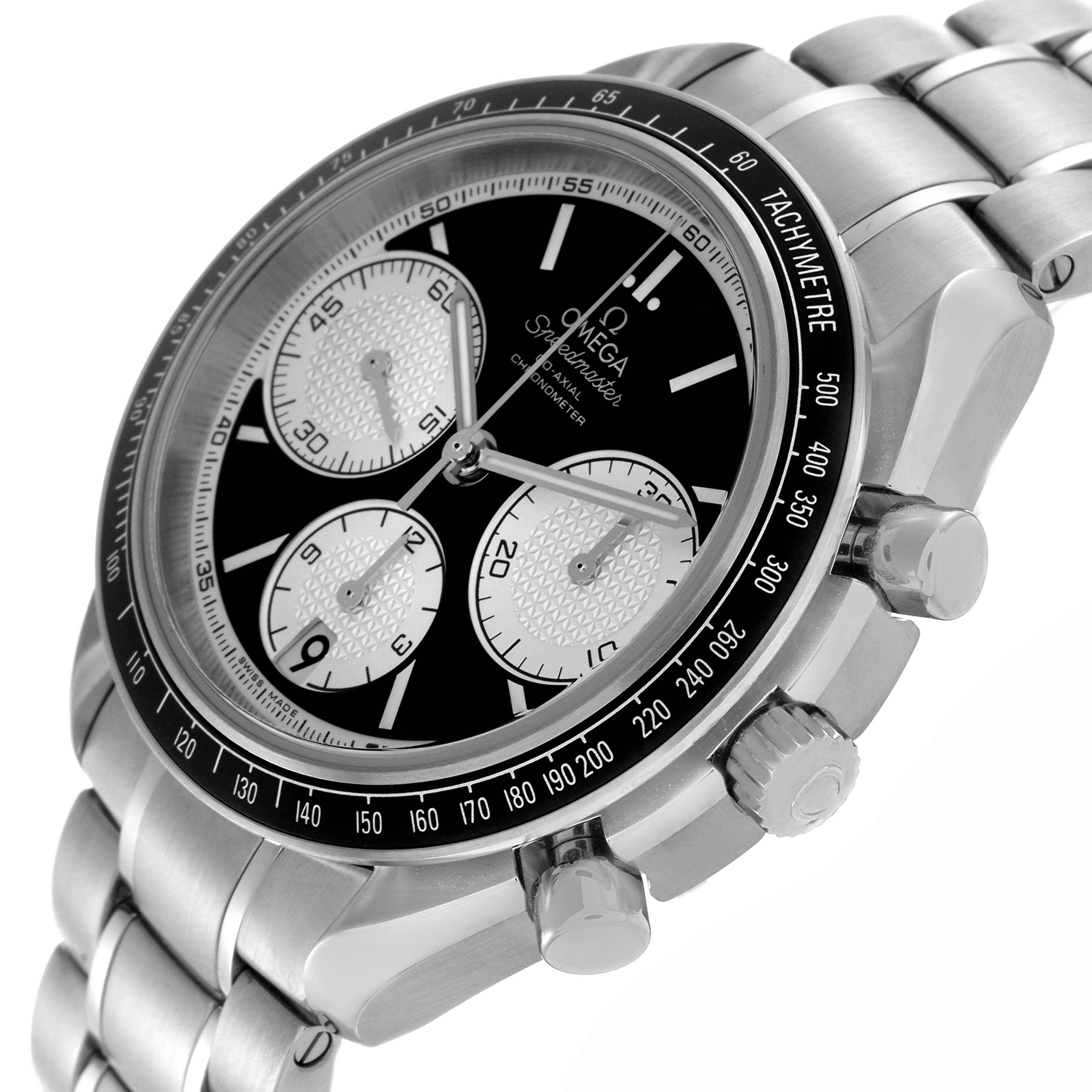 The Omega Speedmaster 326.30.40.50.01.002 Men's Stainless Steel Black Dial 326.30.40.50.01.002 Men's Stainless Steel Black Dial watch is shown at a slight angle from the side, highlighting the case, bezel, pushers, and bracelet.